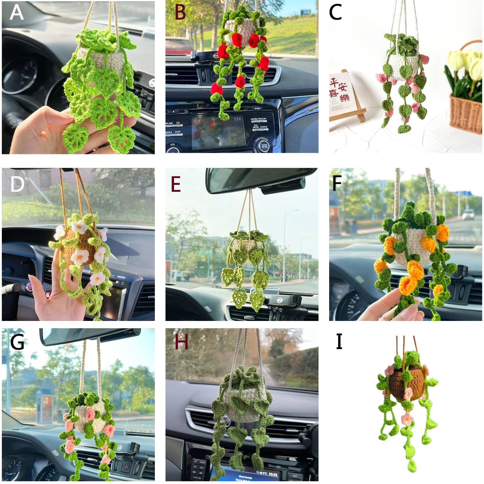 Crochet Hanging Plant For Car, Cute Car Plant Accessories, Knitted Plant Car Mirror Hanger, Boho Car Plant Crochet Hanging Basket (A)