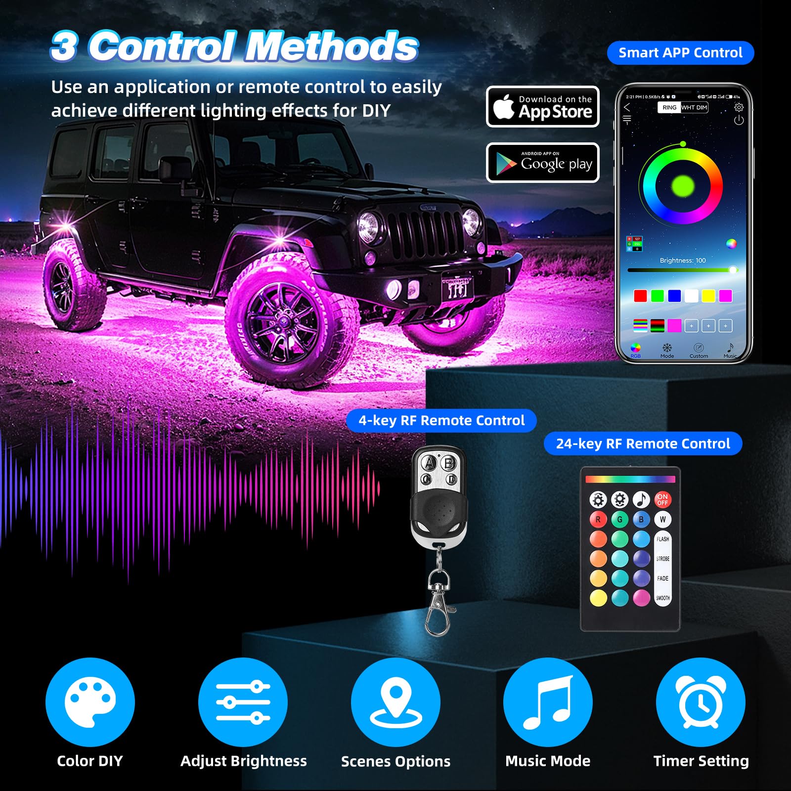 4 Pods Alloy Rgb Led Rock Lights For Atv Utv Rzr Suv Sxs Golf Cart Trucks Car, Metal Waterproof Multicolor Underglow Kit With Ap