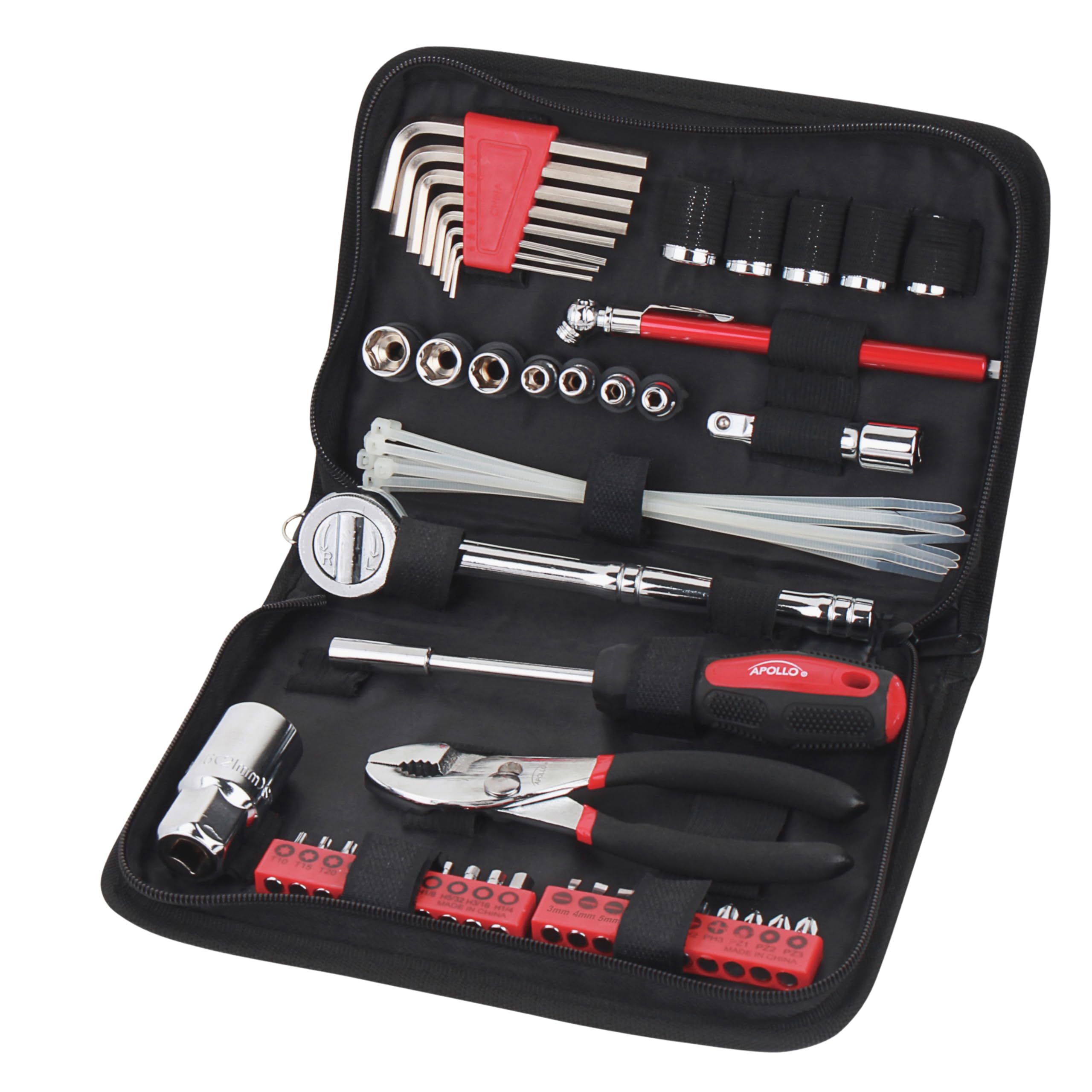 Apollo Tools 56 Piece Compact Sae Auto Tool Set In Zippered Case, Small Mechanic Tool Set For Car Emergency, Motorcycle Repair O