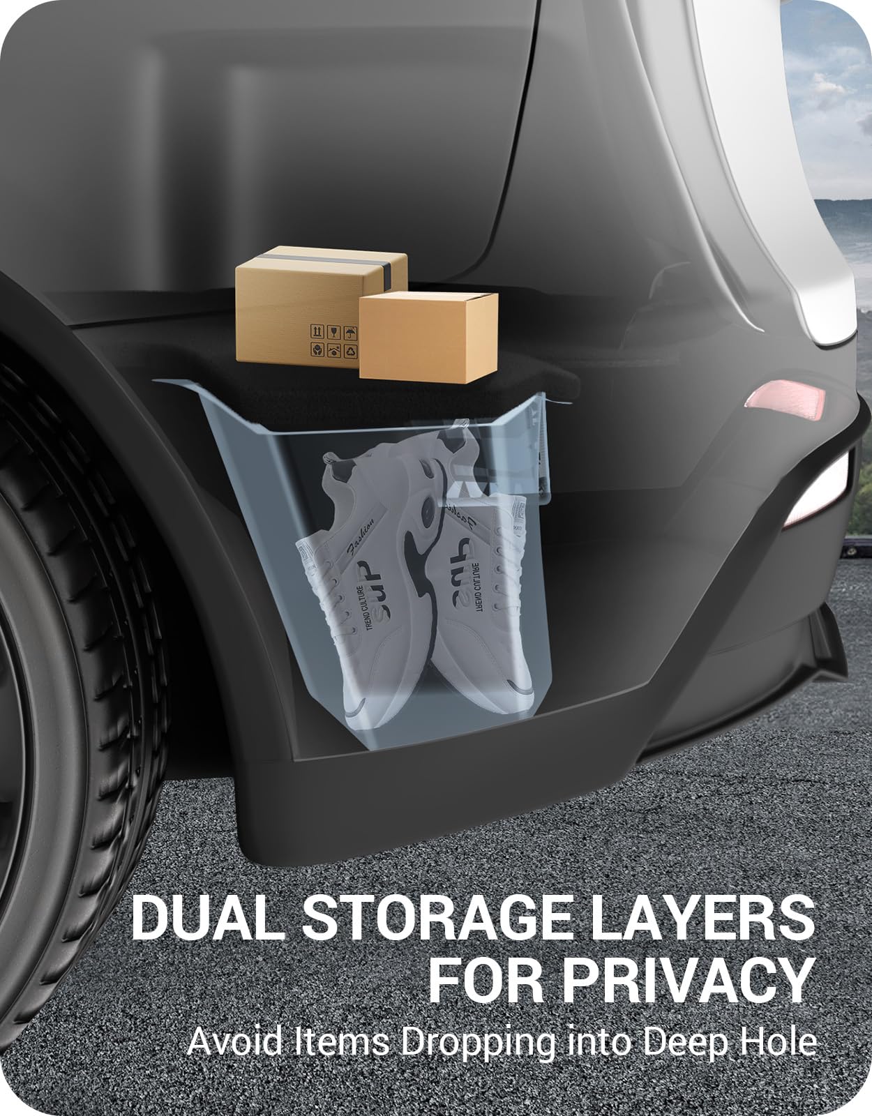 Basenor 2021-2025 Tesla Model Y 7-Seater Trunk Storage Bins, Trunk Organizer With Carpeted Lid, Rear Trunk Side Storage Box For