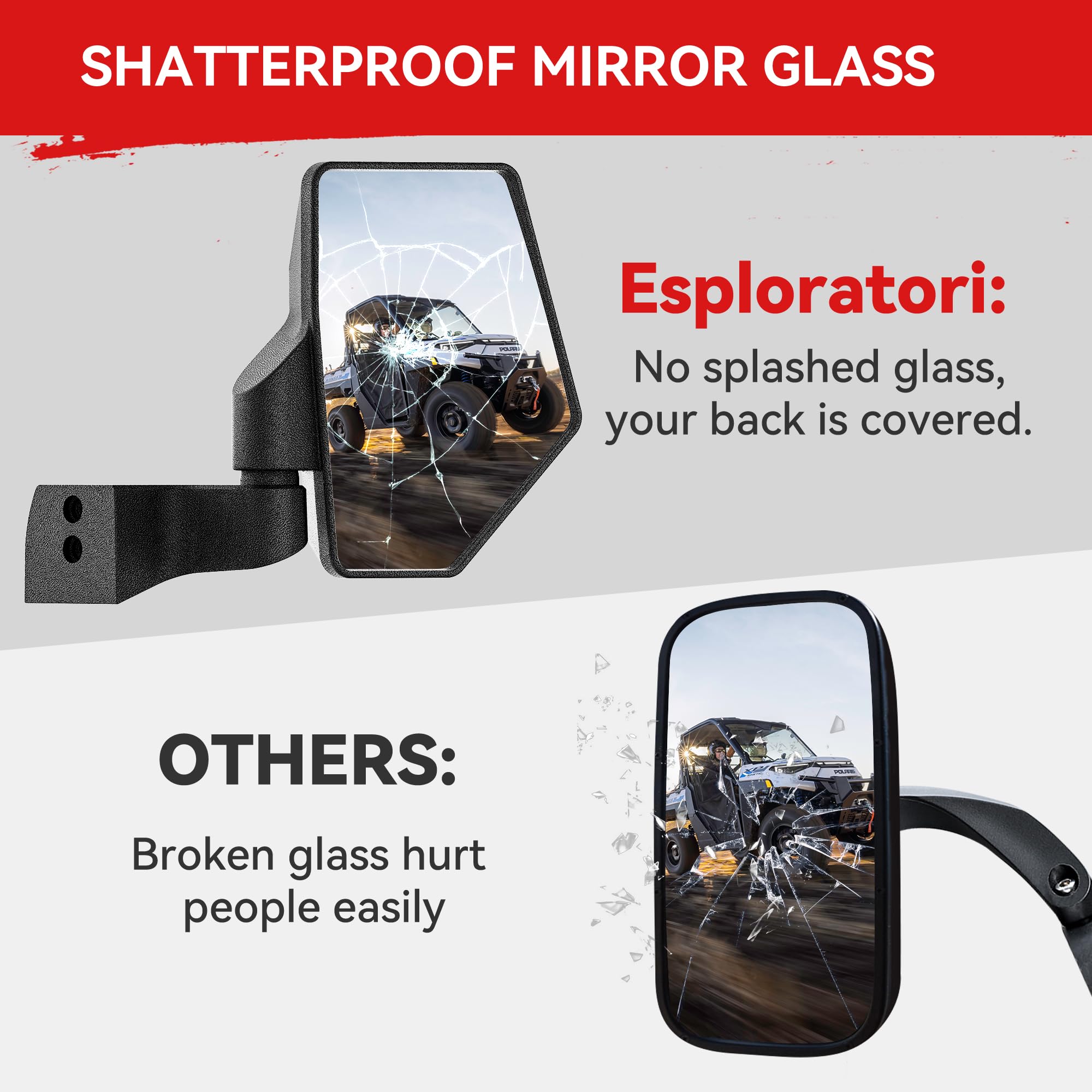 Esploratori Ranger Side Mirrors - Door Mounted, 7.95"x5.7", ABS, Black, Compatible with 2018-24 Polaris Ranger CREW SP XP 570 100