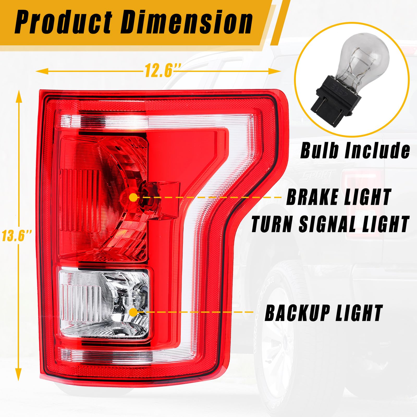 Boine Right Passenger Side Tail Light Compatible With 2015 2016 2017 Ford F150 F-150 Rear Light Brake Lamps - Bulb Included(Righ