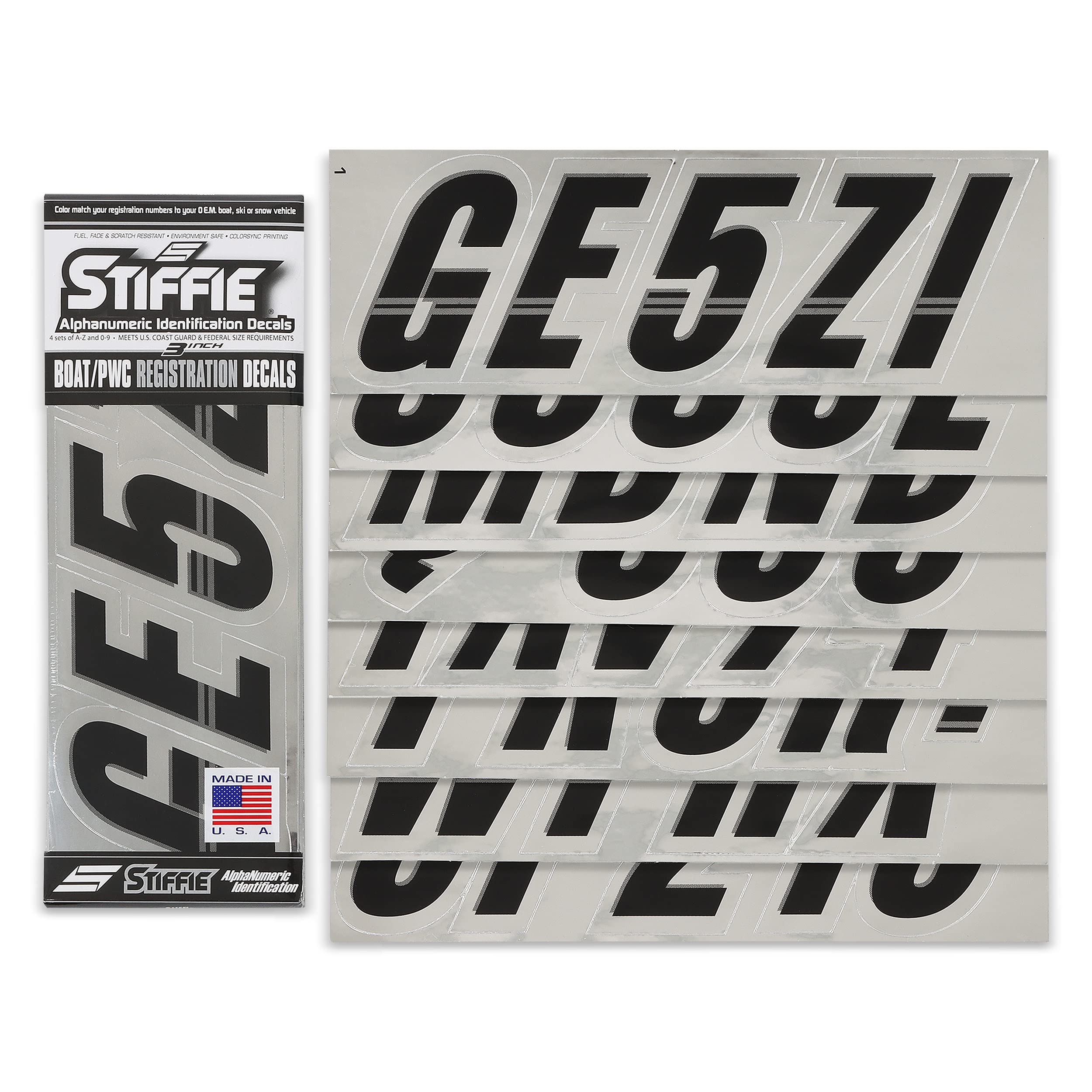 Stiffie Techtron Black/Chrome 3 '' Boat & Pwc Registration Decals  Numbers Letters Stickers