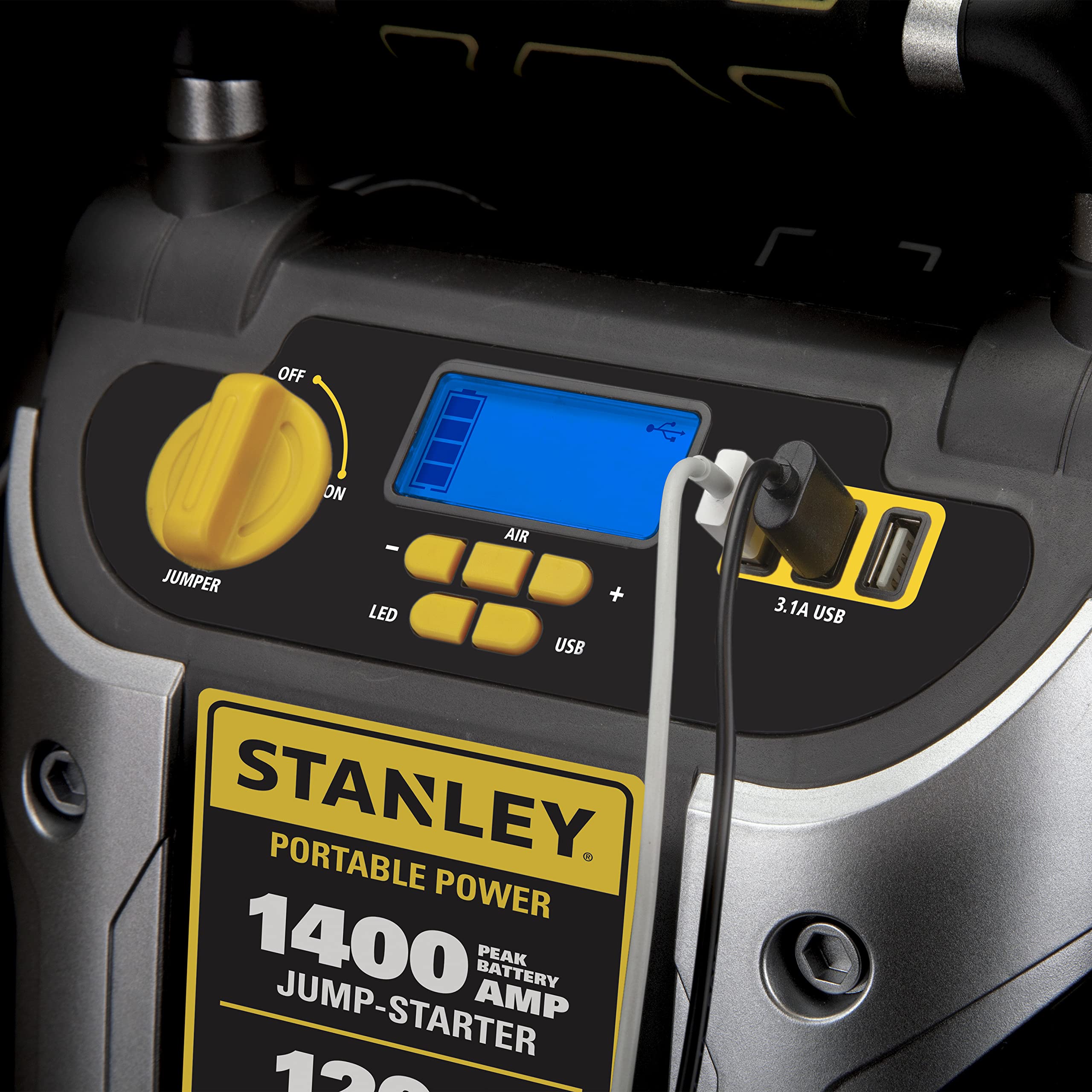 1400 Peak Amp Automotive Jump Starter, Portable Power - Triple 15W Usb Ports, 120 Psi Air Compressor