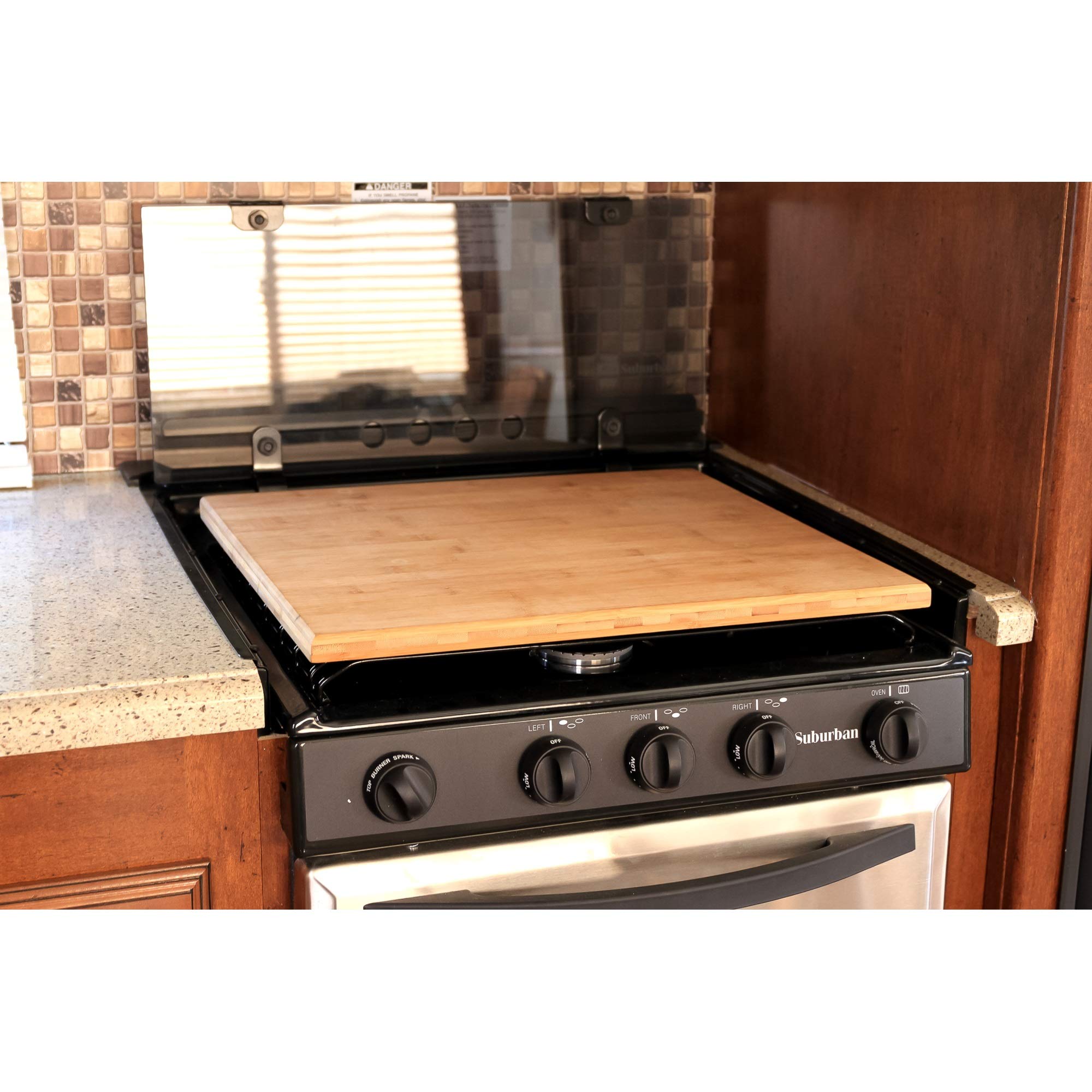 Camco Camper/Rv Silent Top Stovetop Cover - Features Natural Bamboo Design W/Non-Toxic Protective Finish & 4 Non-Slip Rubber Feet - Fits Most 3 Or 4 Burner Rv Stoves | 19.5” X 17” X .75” (43571)