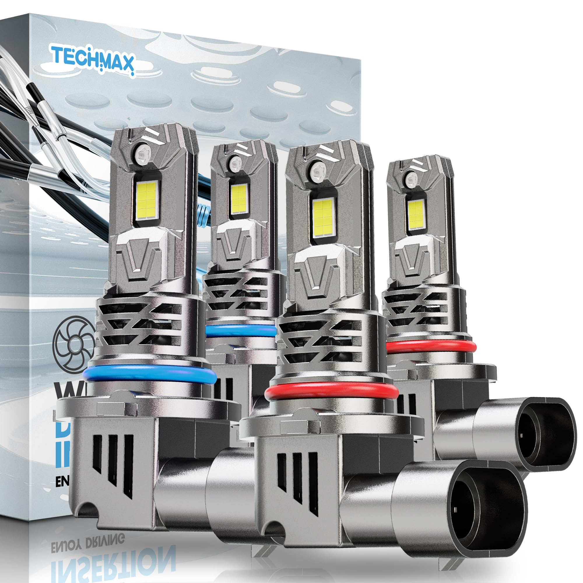 Techmax 9005+9006 Bulb, Hb3+Hb4 Fog Bulbs - 6500K White With Cooling Fan Plug-N-Play, Pack Of 4