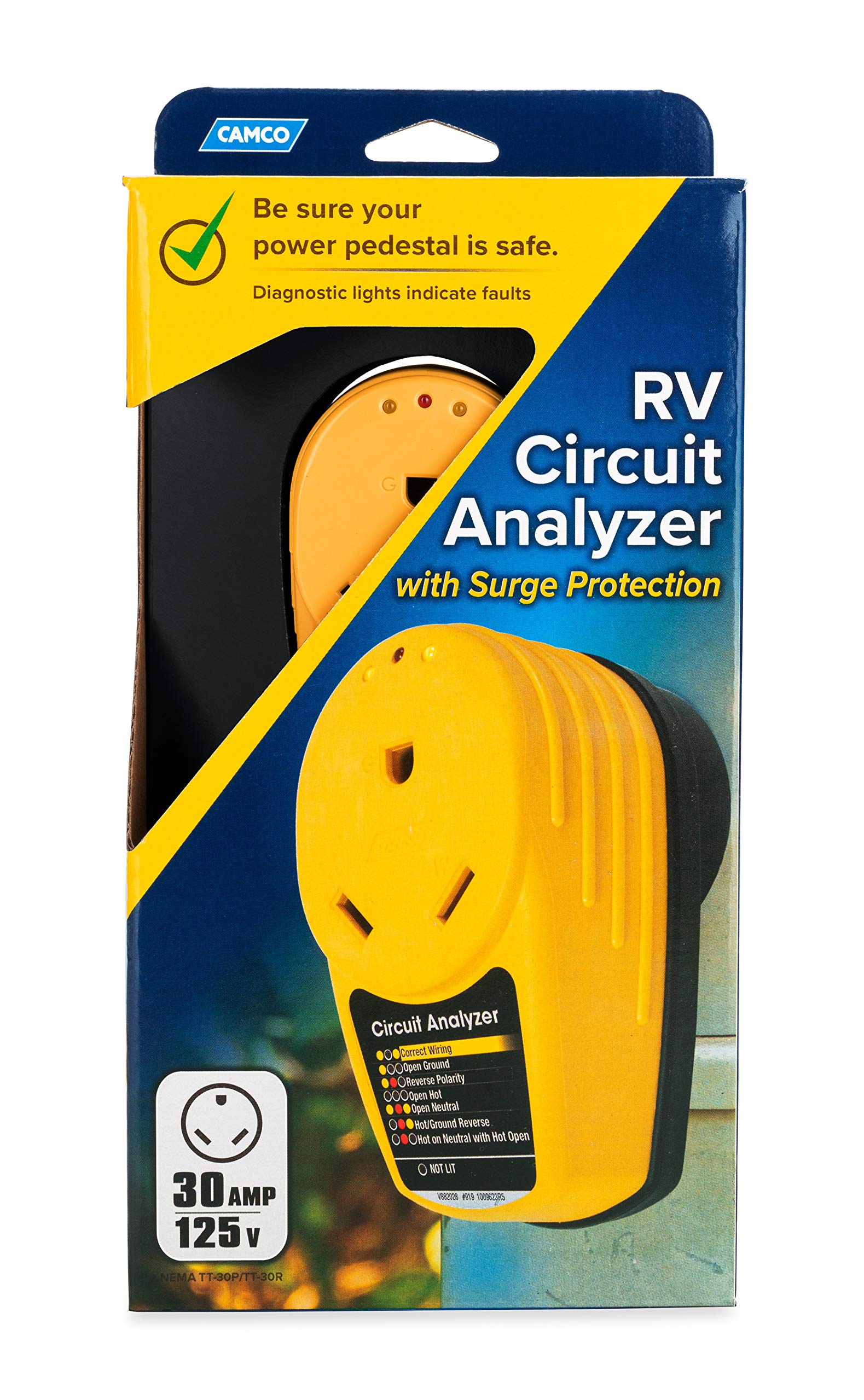 Camco Power Grip Camper/Rv 30-Amp Circuit Analyzer  Features Integrated Surge Protection & Indicator Lights  Protect Rvs From Po