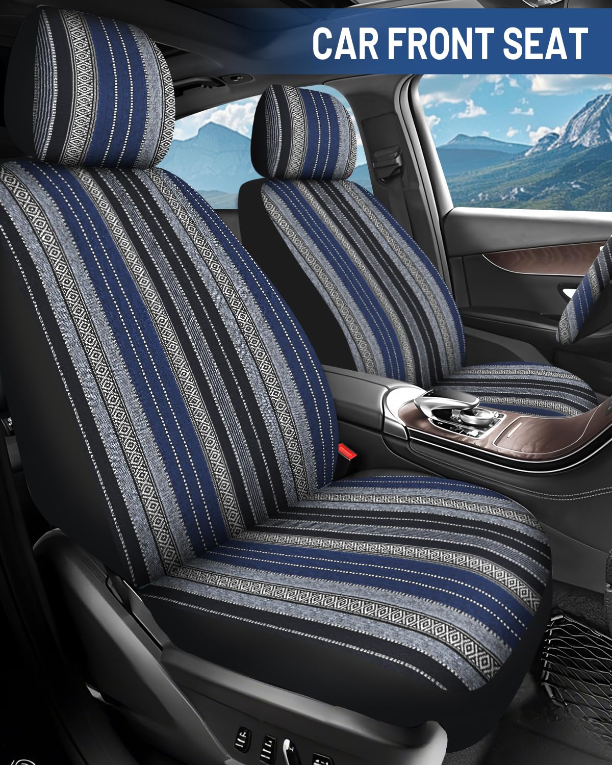 Sino Salected Baja Saddle Blanket Car Seat Covers Full Set with Seat Belt Pads and Steering Wheel Cover, Washable Breathable Str