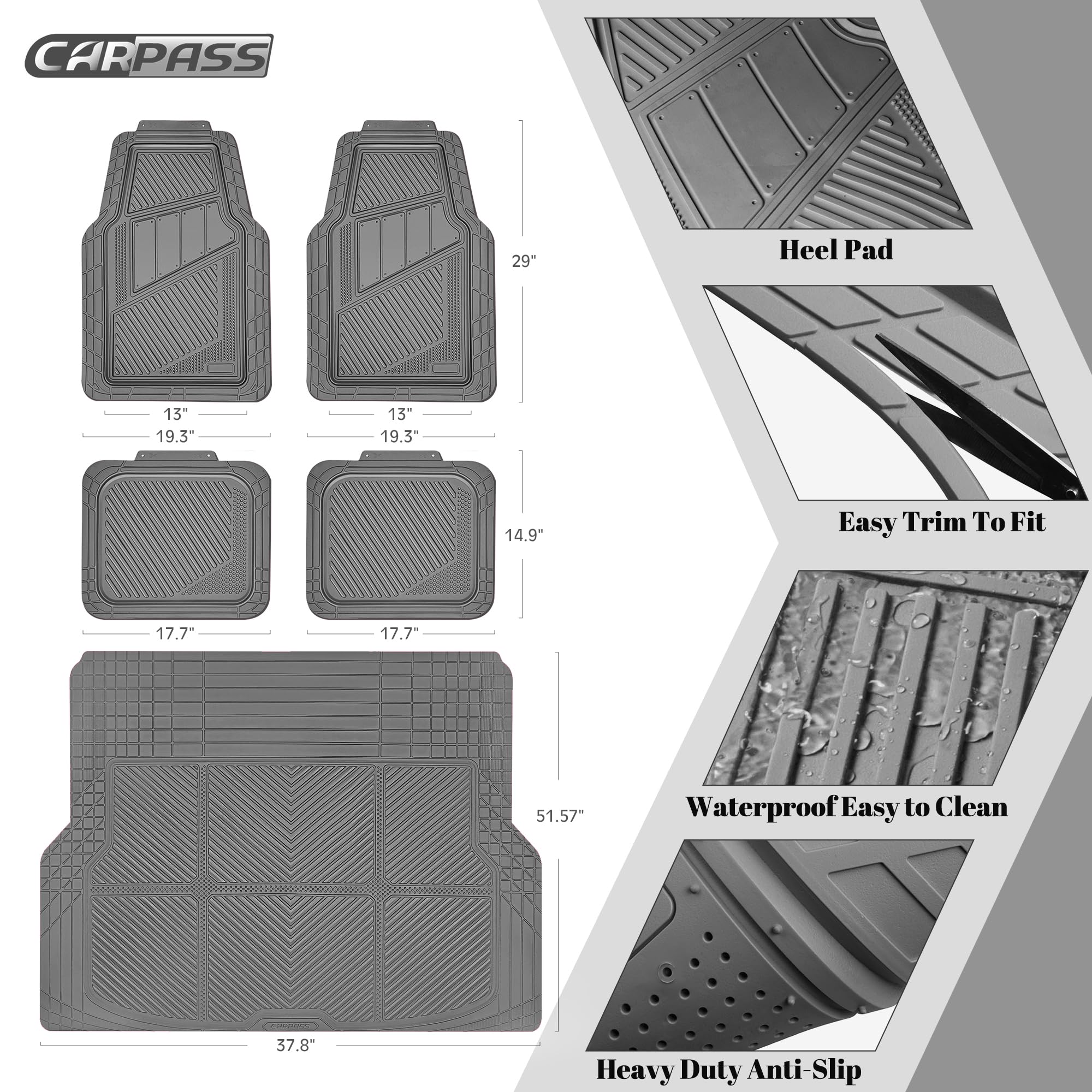 Car Pass Heavy Duty Rubber Floor Mats Gray Car Mats Full Set With Trunk Cargo Liner - Universal Waterproof Floor Mats For Car Su