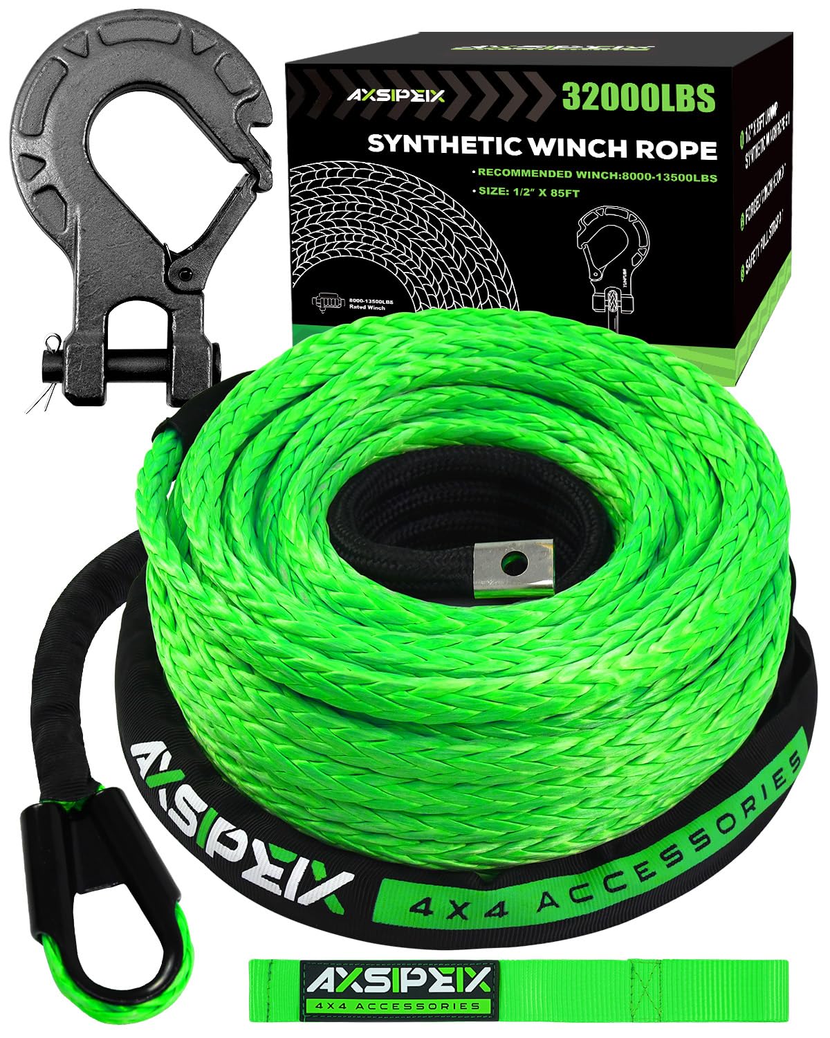 Synthetic Winch Rope Kit, 1/4 x 50ft 10000LBS Blue Winch Cable with Protective Sleeve, Forged Winch Hook, Rubber Stopper and Saf