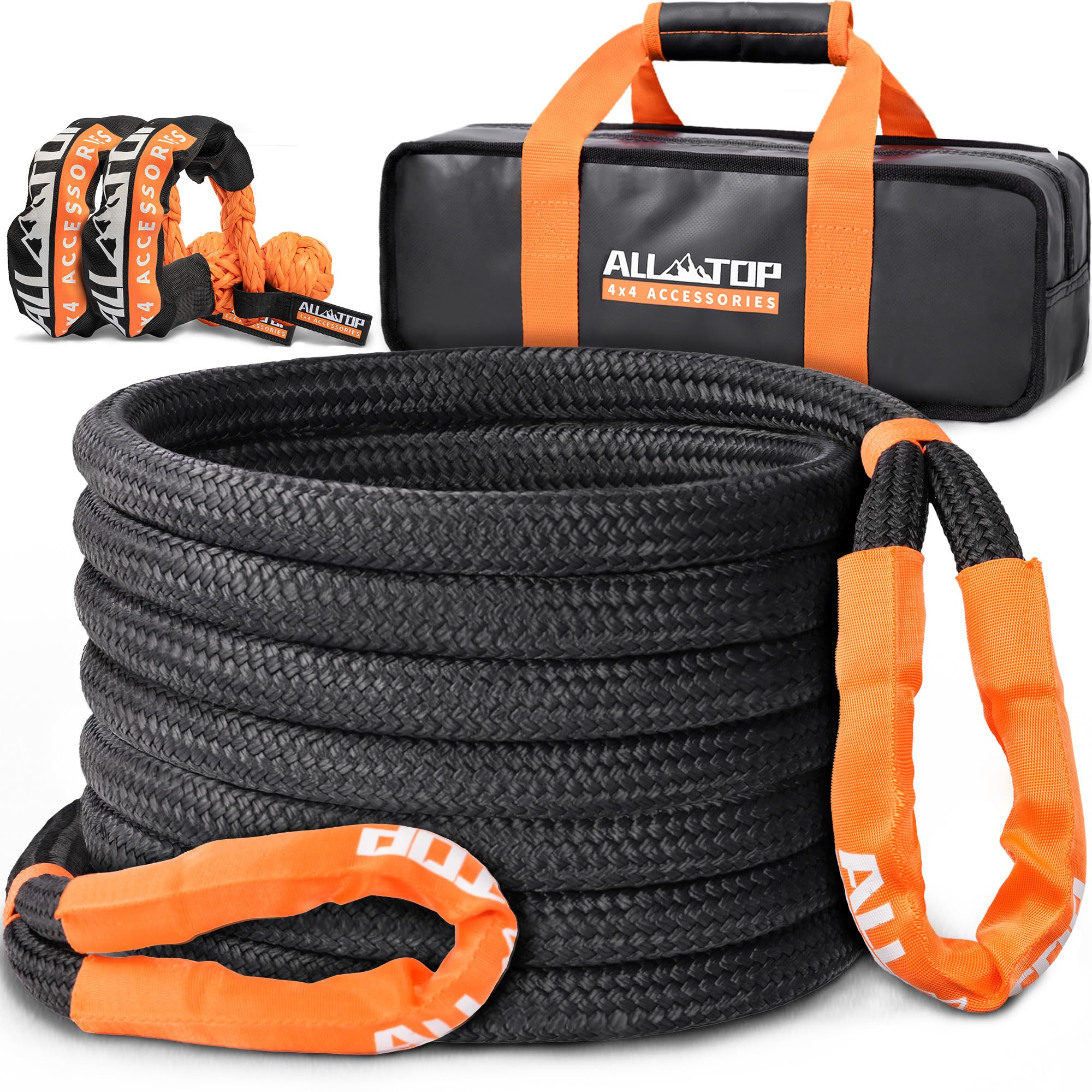 All-Top Kinetic Recovery Rope Kit W/ 2 Soft Shackles, 48000Lbs, 1In X 30Ft, Heavy Duty 30+% Elasticity, 16000Lbs Work Load Limit