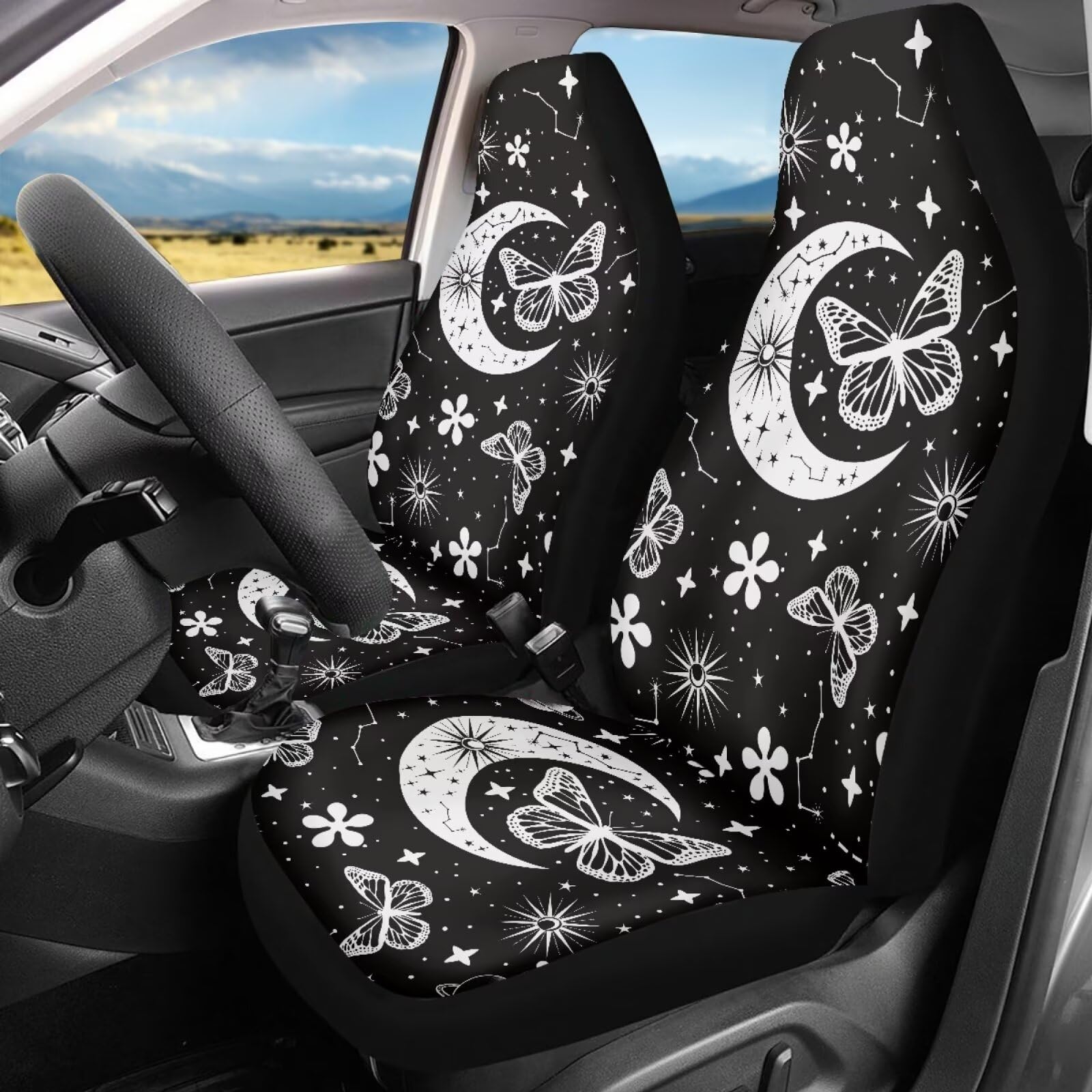 Bigcarjob Moon Butterfly Car Seat Cover Set For Front Seat Only,2 Pack Black Butterfly Auto Front Seat Protector Saddle Blanket