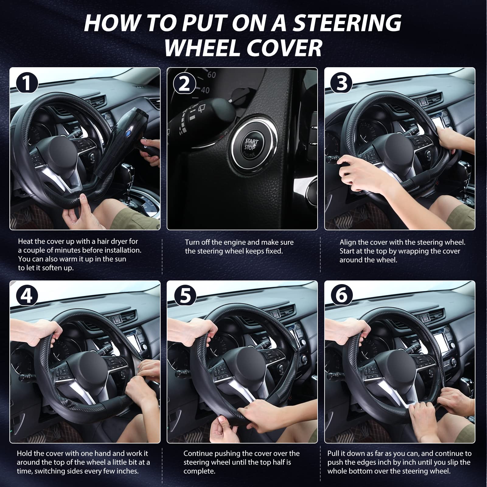 Seg Direct Flat Bottom Steering Wheel Cover Carbon Fiber, D Shaped Car Wheel Cover 14 1/2-15 In. (37-39 Cm), Black Microfiber Le