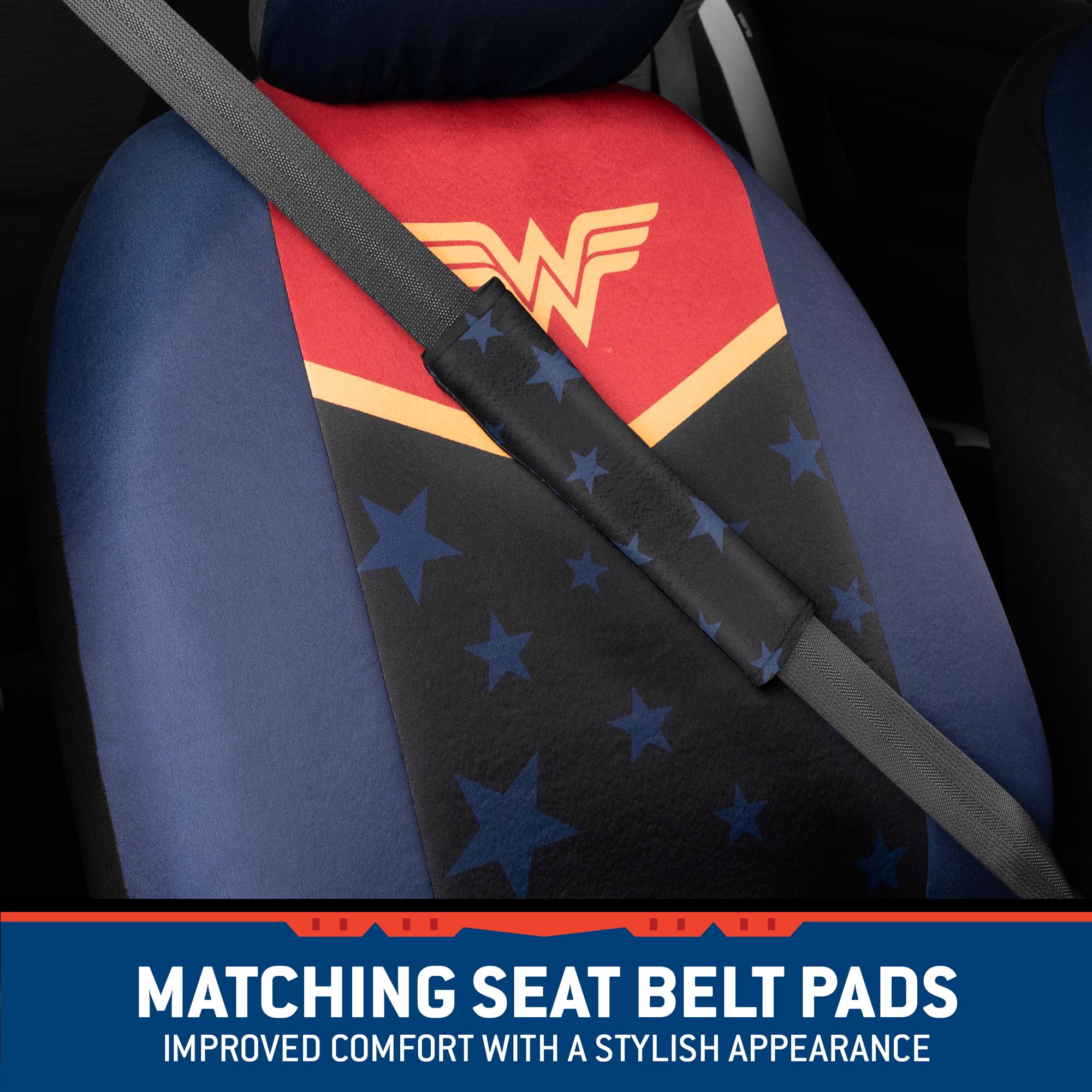 Bdk Warner Bros Dc Comics Wonder Woman Car Accessories Seat Covers - Front Pair Includes Removable Head Cover, Matching Seat Bel