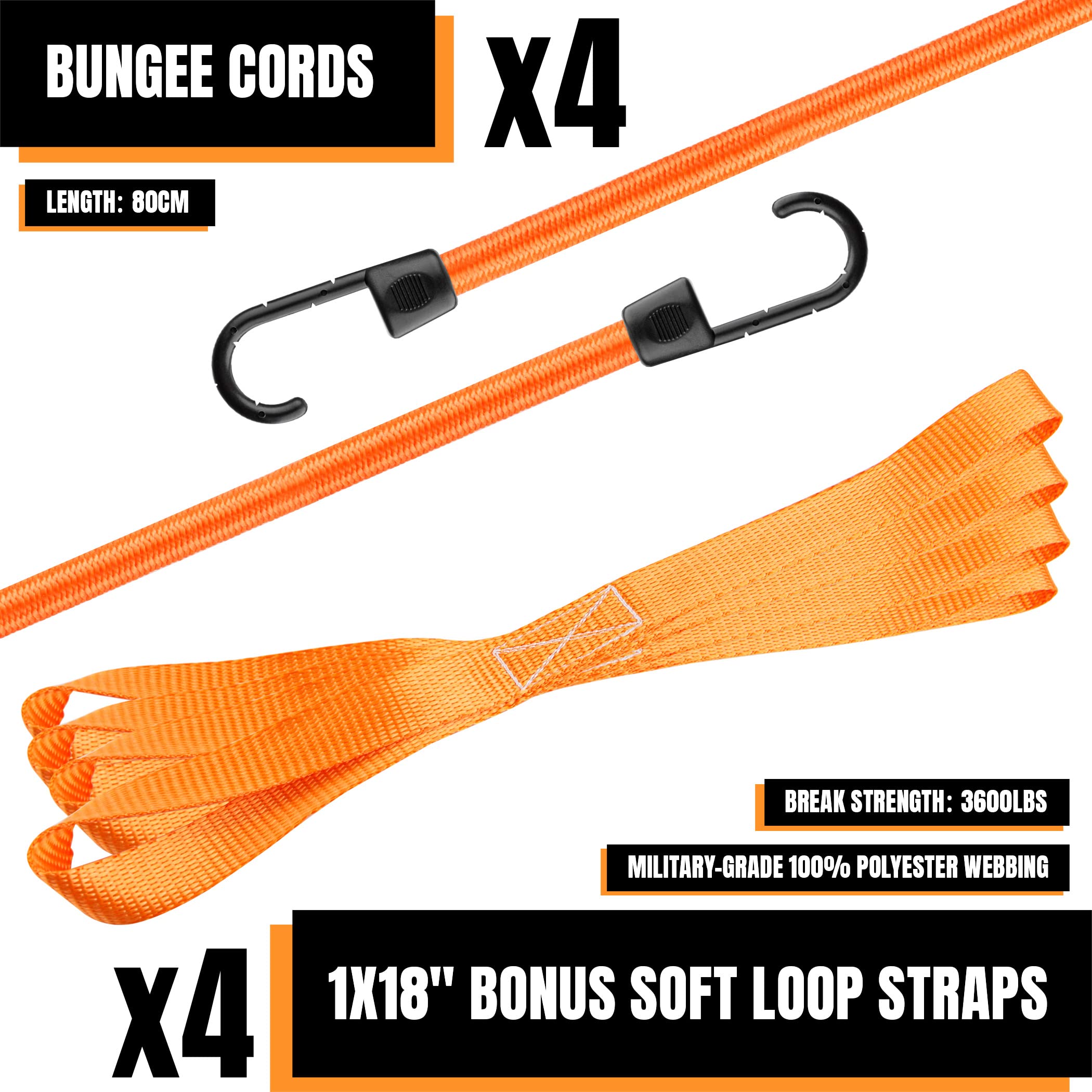 Cartman 1'' X 15' Ratchet Tie Down Up To 1500Lbs 4Pk In Carry Bag, With 18'' Soft Loop Tie-Down Straps & 32'' Bungee Cord
