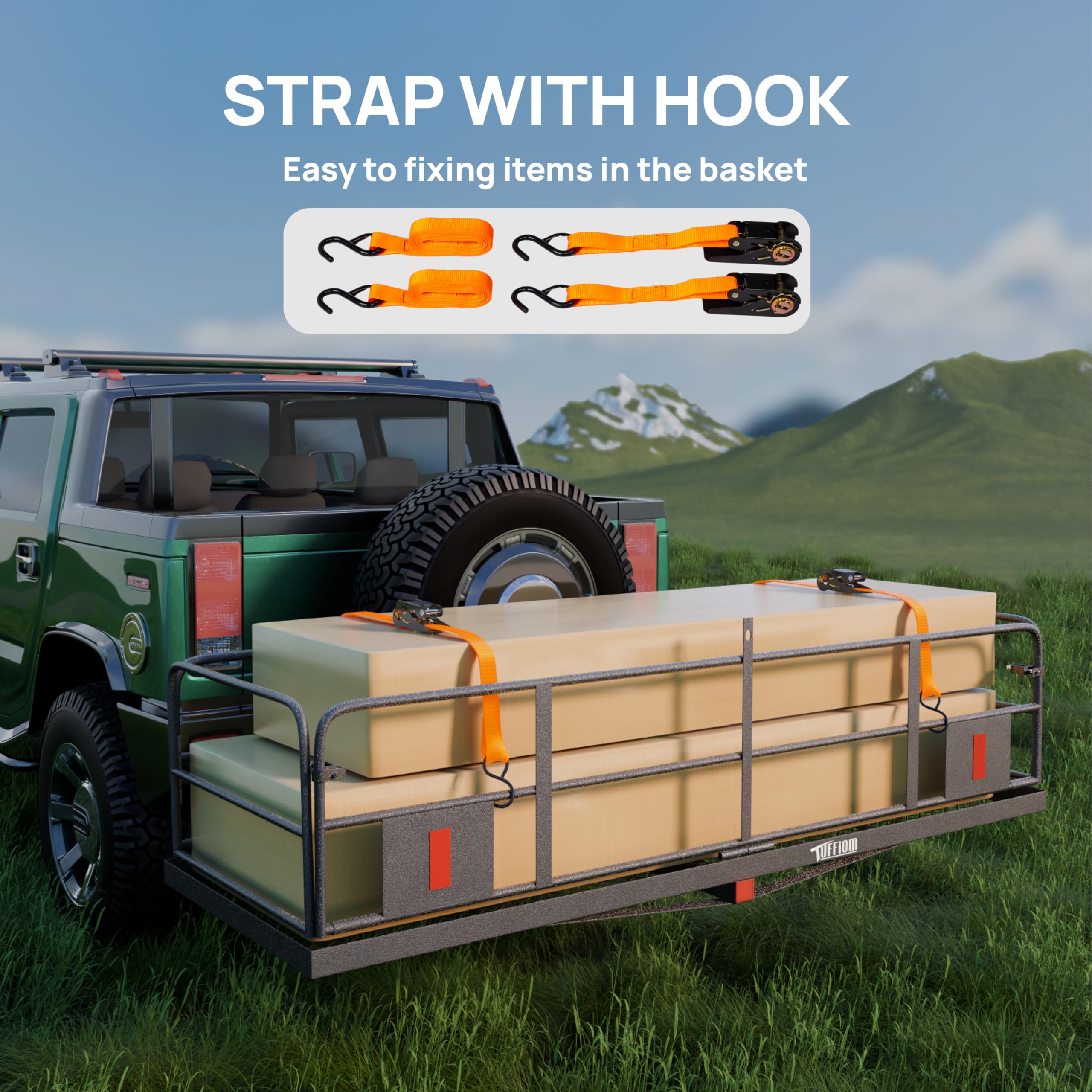 Tuffiom 60''X24''X14'' Folding Hitch Mount Cargo Carrier Basket, Upgraded 14'' Height 500Lbs Steel Car Cargo Trailer Hitch Lugga