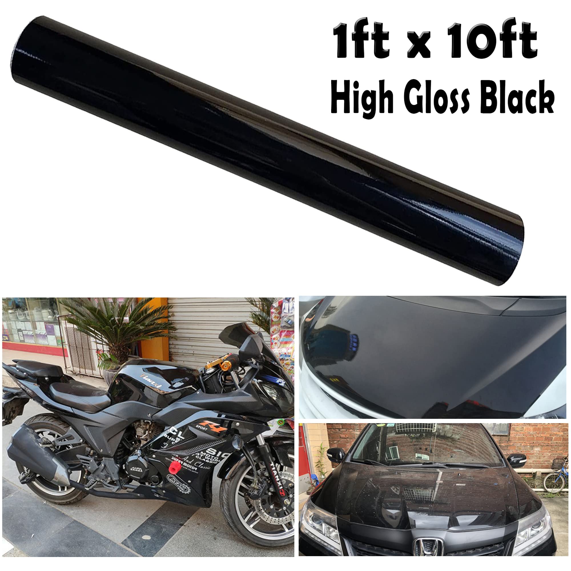 Lypumso High Gloss Black Car Vinyl Wrap Roll 1Ft X 10Ft Featuring Bubble Free Air-Release Technology Self Adhesive Car Wrap Film