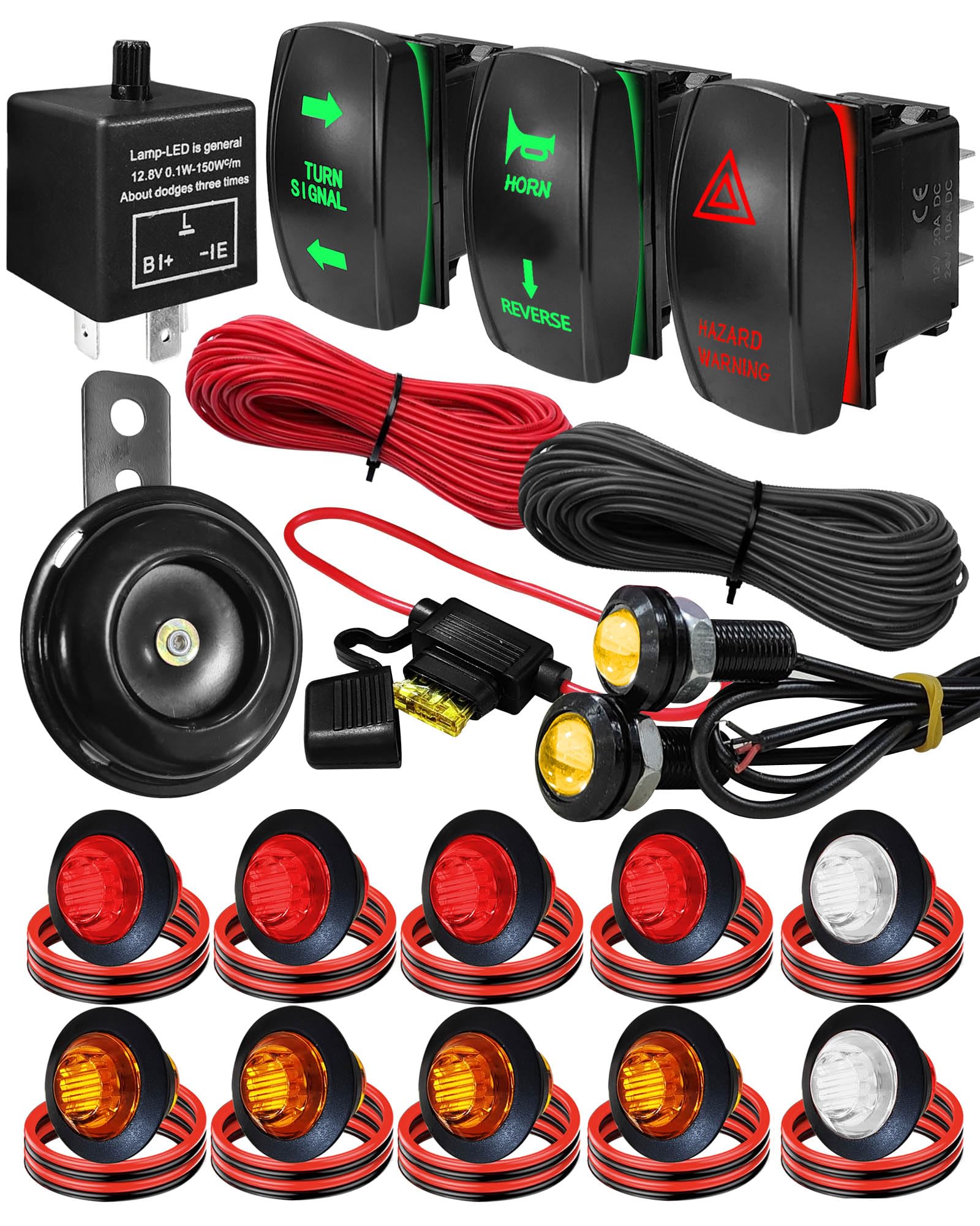 Universal ATV UTV SXS Turn Signal Set, Street Legal Kit with 110DB Horn Reverse Light Rocker Switch Flasher Relay Fuse Wire Fits