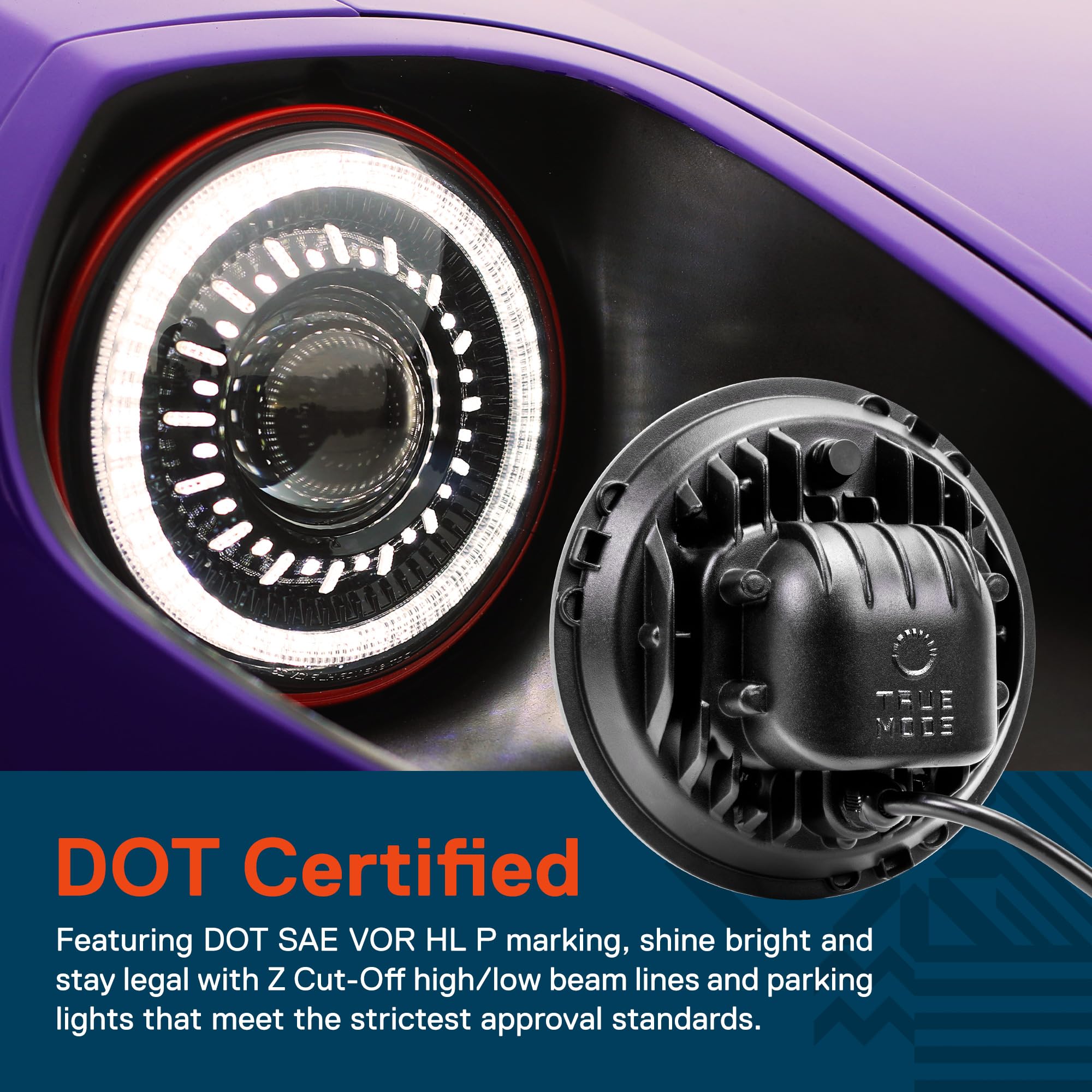 True Mods 7 Inch Led Headlights Round H6024 [Dot-Approved] [High Low Sealed Beam] [Halo Drl & Turn Signal] Replacement For Jeep