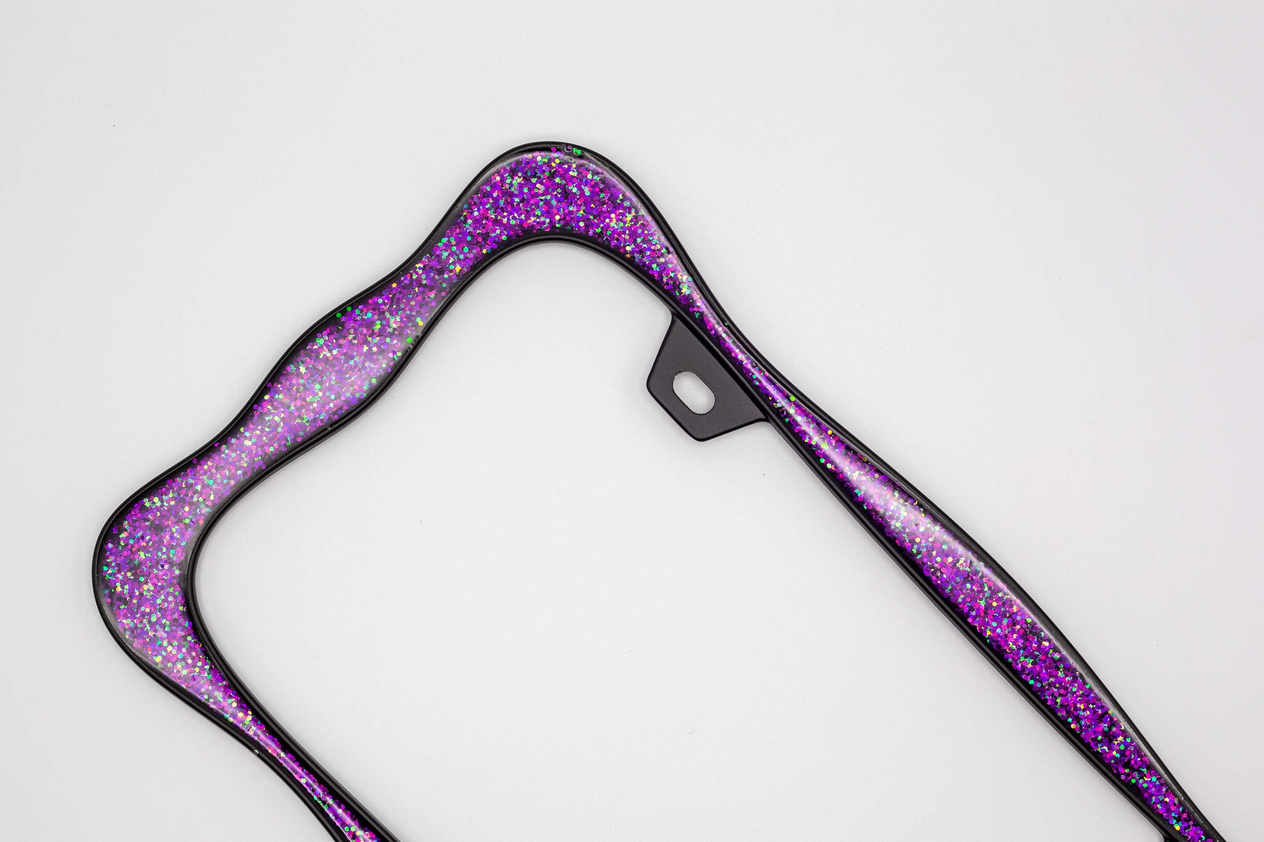 Creathome 3D Shining License Plate Frame, Black Powder Coated With Purple Chunky Gliter, Pure Zinc Alloy Metal