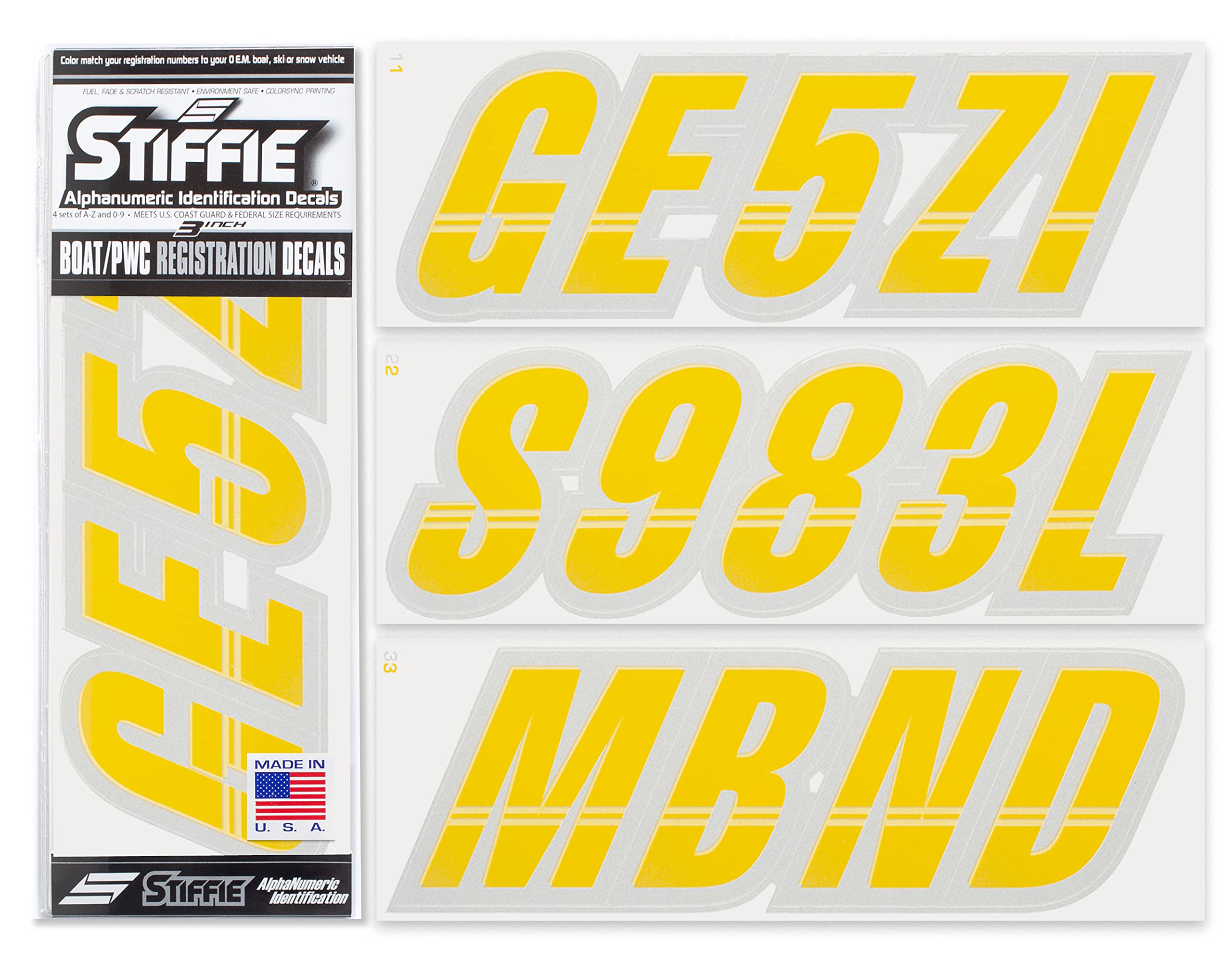 Stiffie Techtron Yellow/Silver 3 '' Boat & Pwc Registration Decals  Numbers Letters Stickers