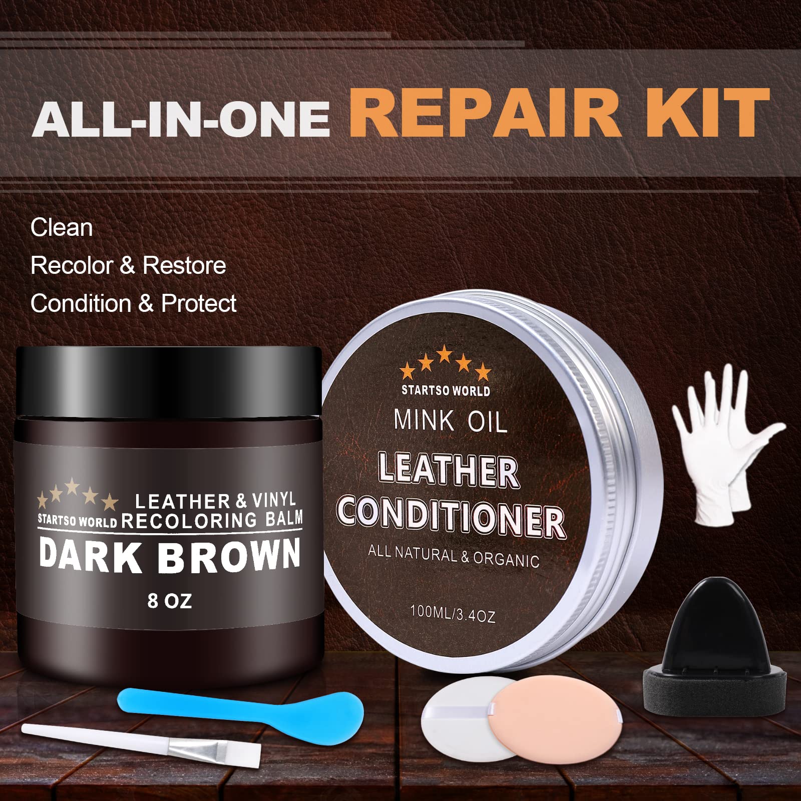 STARTSO WORLD Dark Brown Leather Recoloring Balm & Conditioner with Mink Oil - Repair Kit for Couches, Car Seats, Shoes & Vinyl
