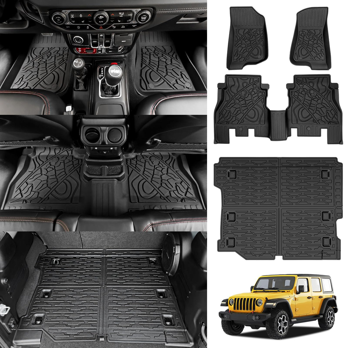 JTYZSM Cargo Mats for 2018-2025 Jeep Wrangler JL 4X4 Floor Liners with Trunk Mat All Weather TPE Protector Rear Floor Trunk Line