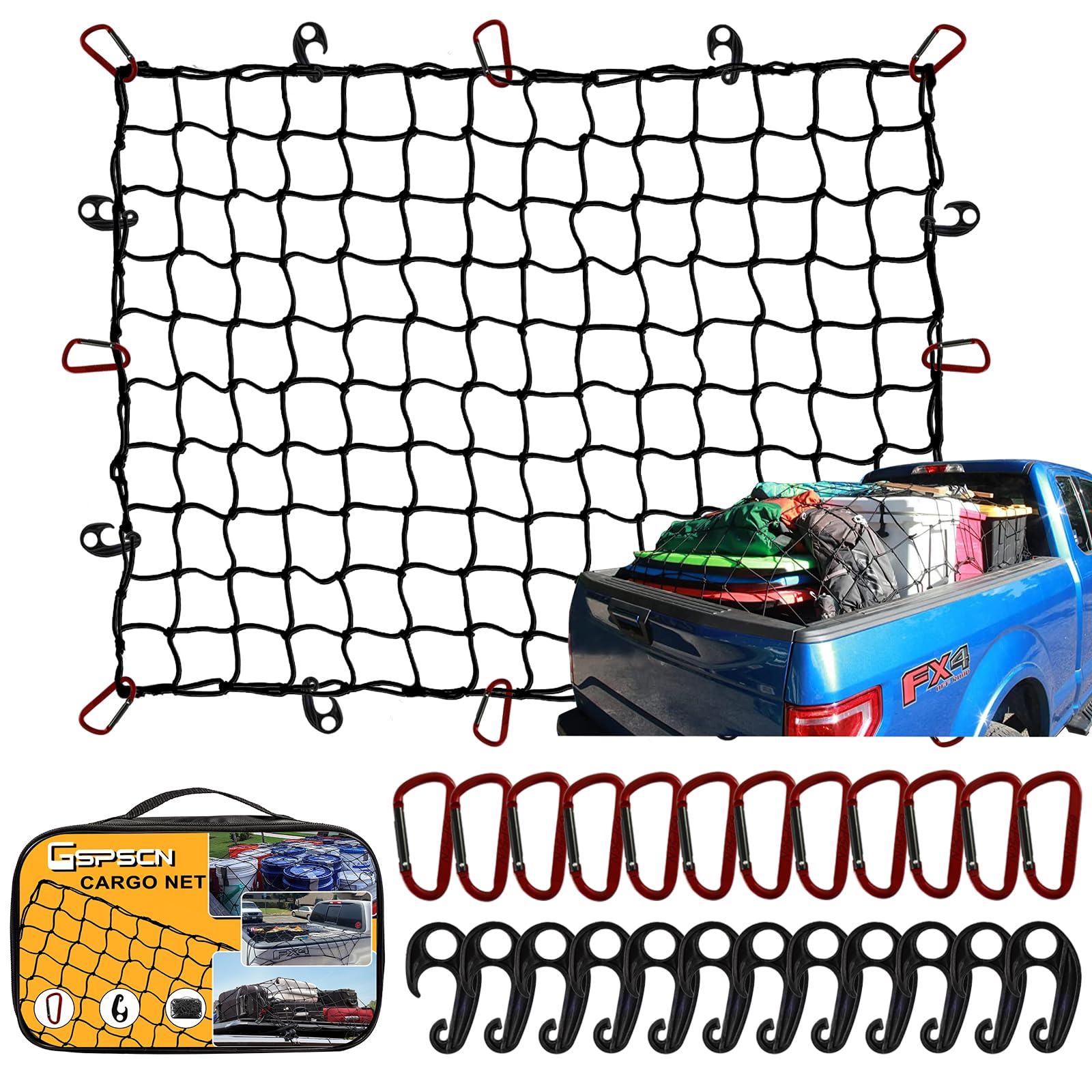 Gspscn Cargo Net 5 ' X 7 ' For Truck Pickup Bed, Trailer,Boat,Rv Suv Stretches To 15 'X21 ' Max Heavy Duty Roof Rack Net,Small 5