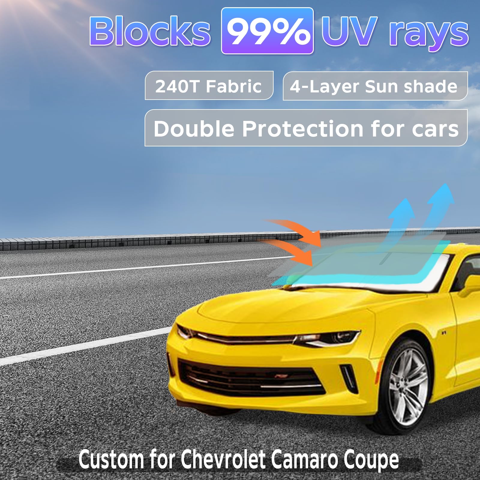 Sun Shade Sunshade For Chevrolet Camaro Coupe 2016-2025 Windshield Cover, 2-Layers Sun Shield 240T Silver Coating Sun Visor For