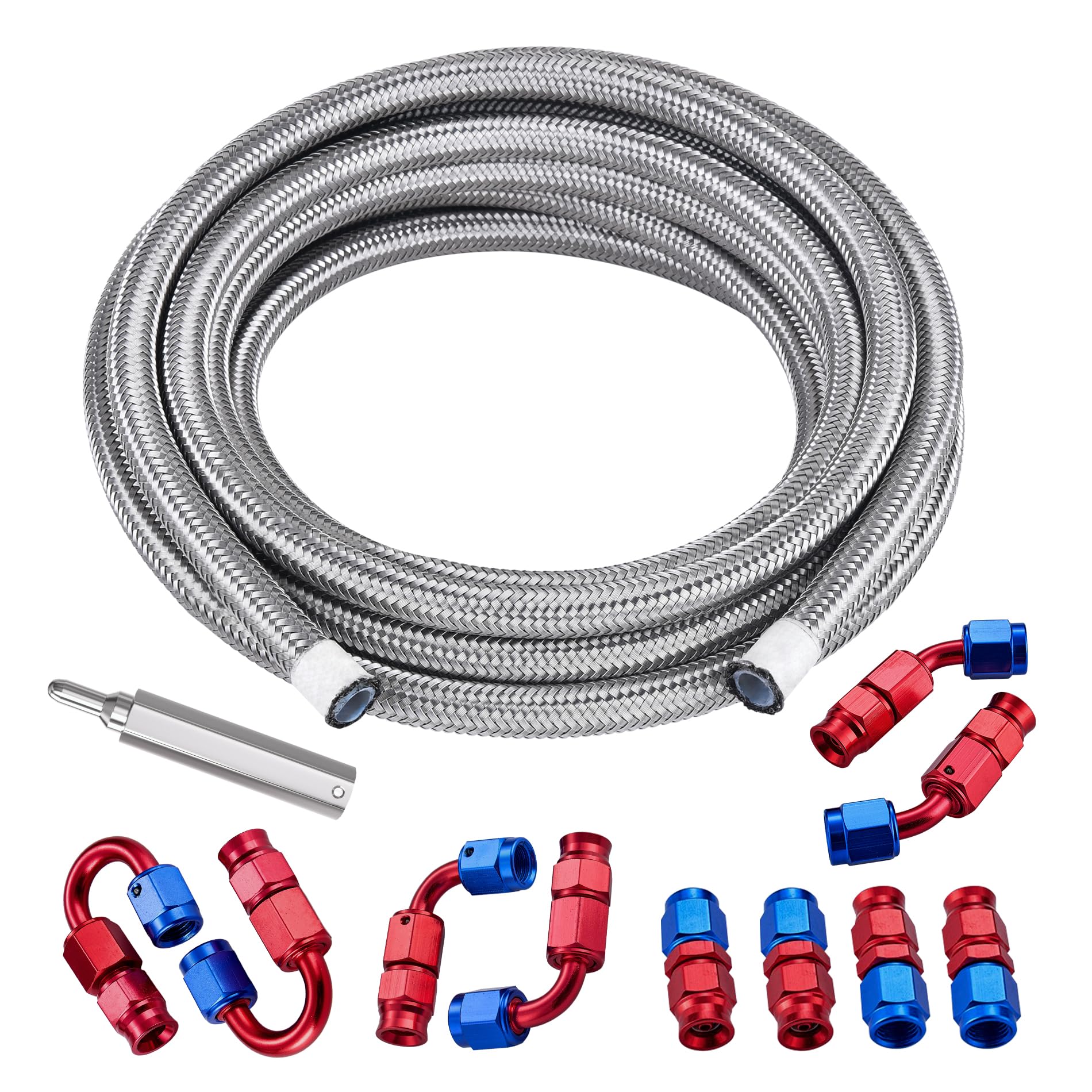 EVIL ENERGY 20FT Silver PTFE Nylon Braided Stainless Steel Fuel Hose Line Kit, 3AN AN3 E85, 0.13in ID x 0.26in OD, 2000psi Max P