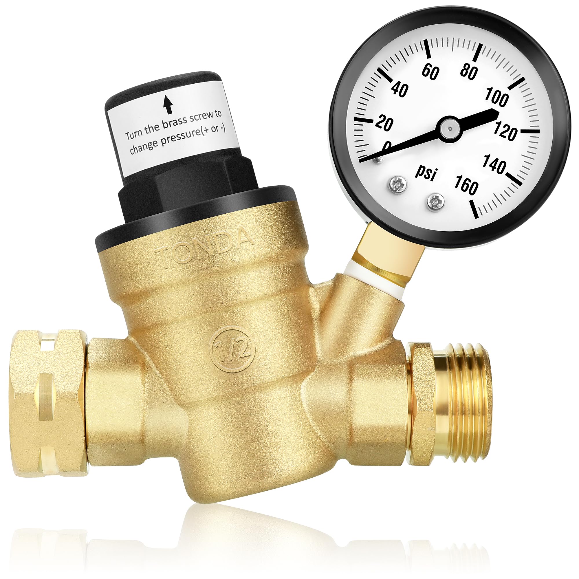 TONDA RV Water Pressure Regulator, Brass Lead-Free Adjustable Pressure Regulator with Gauge and Inlet Screen Filter for RV Campe