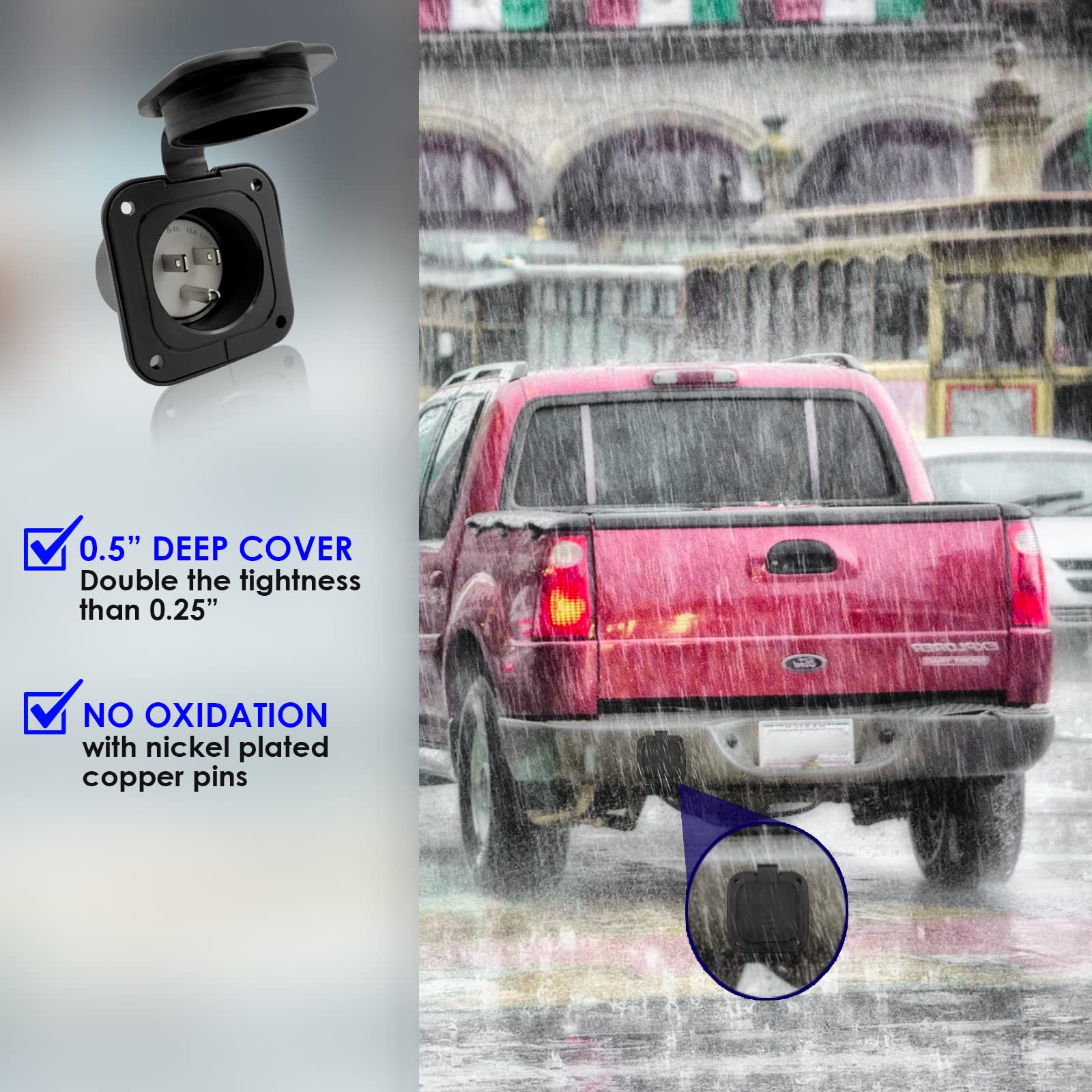 15 Amp Ac Port Plug, 125 Volt Power Inlet, Waterproof Electrical Outlet Receptacle With 18-Inch Extension Cord, 2 Pole 3 Wire Nema 5-15 Flanged Inlet Plug For Electrical Connections