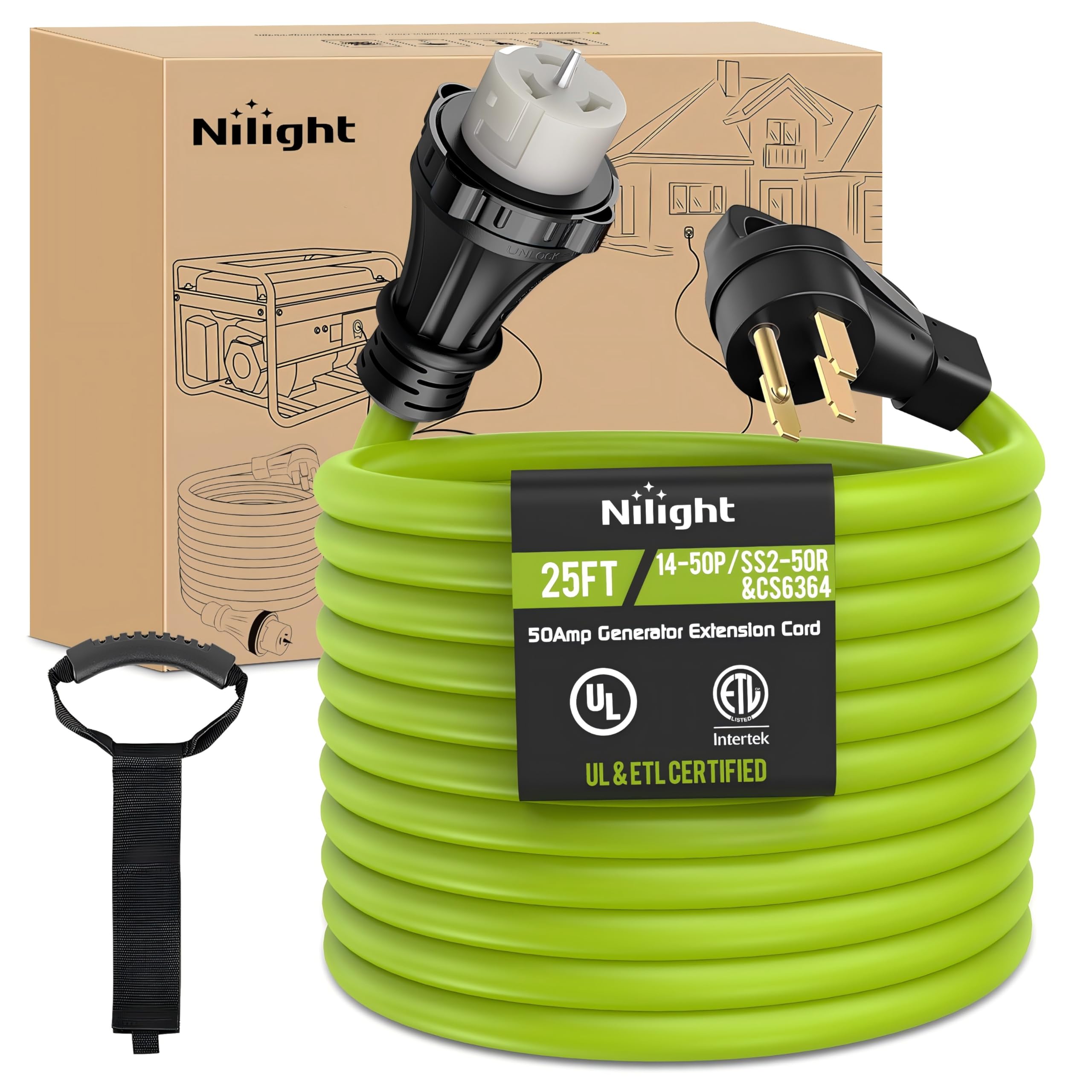 Nilight 25Ft 50 Amp Generator Extension Cord 250V Heavy Duty 6/3+8/1 Gauge Pure Copper Stw Wire Etl Listed 4 Prong 14-50P Ss2-50