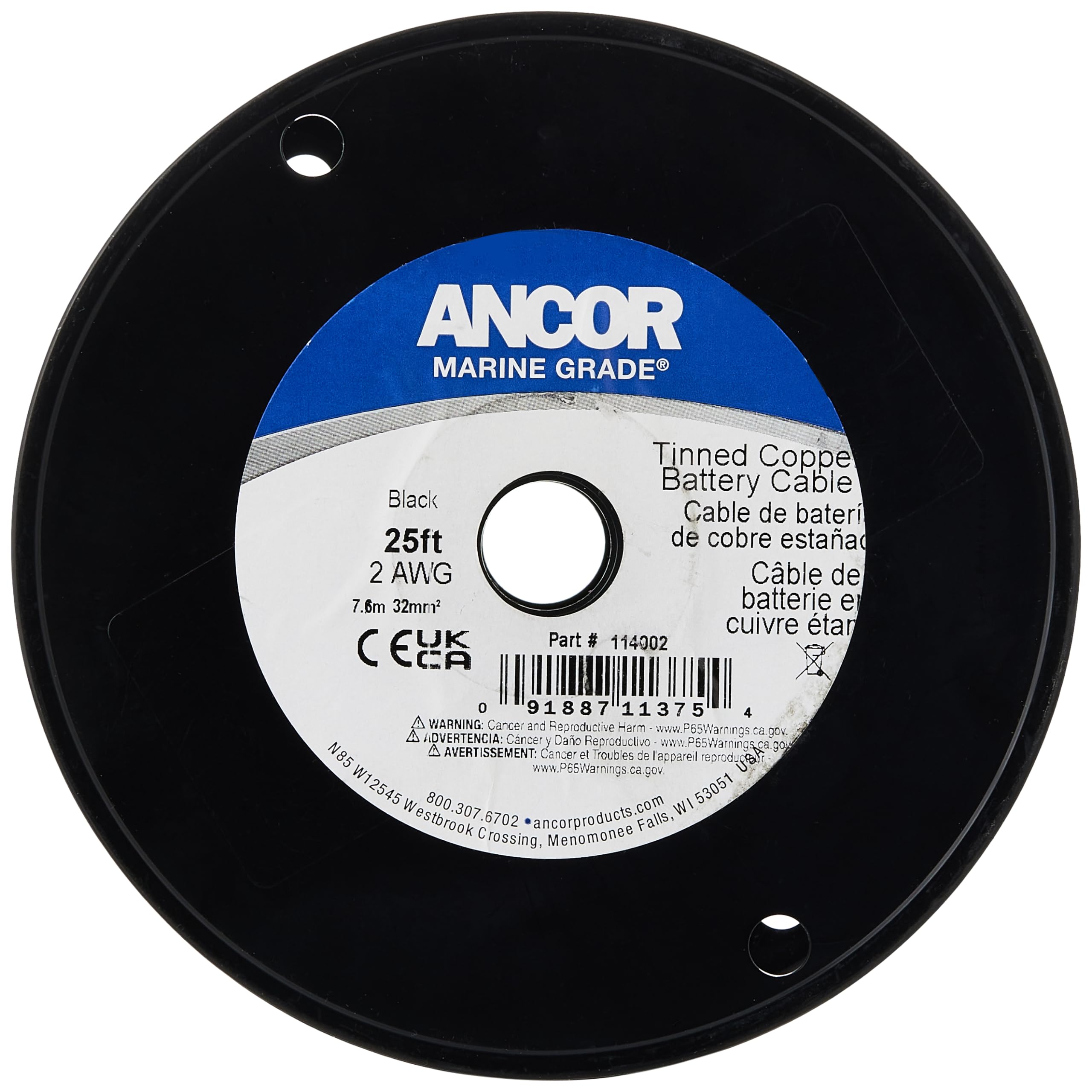 Ancor 114002 Tinned Copper Battery Cable, 2 Awg (32Mm2), Black - 25Ft
