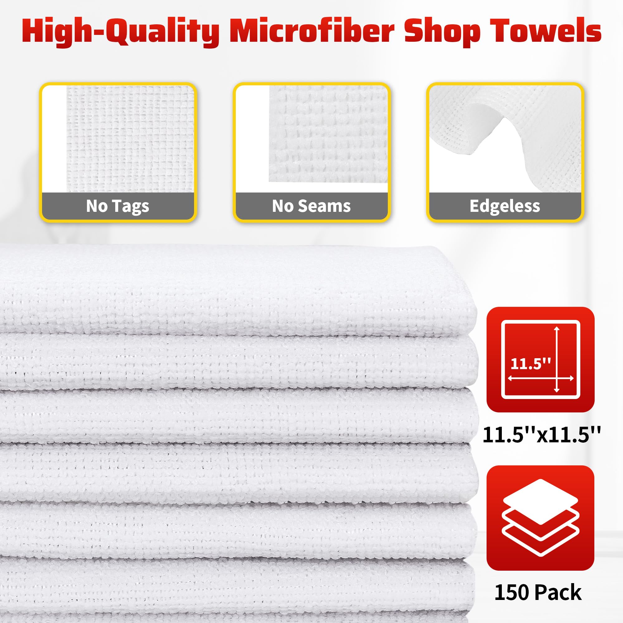 Homerhyme White Microfiber Cleaning Cloth, 150 Pack Shop Towels All-Purpose Cleaning Rags, Bulk Lint-Free Washcloth Reusable Mic