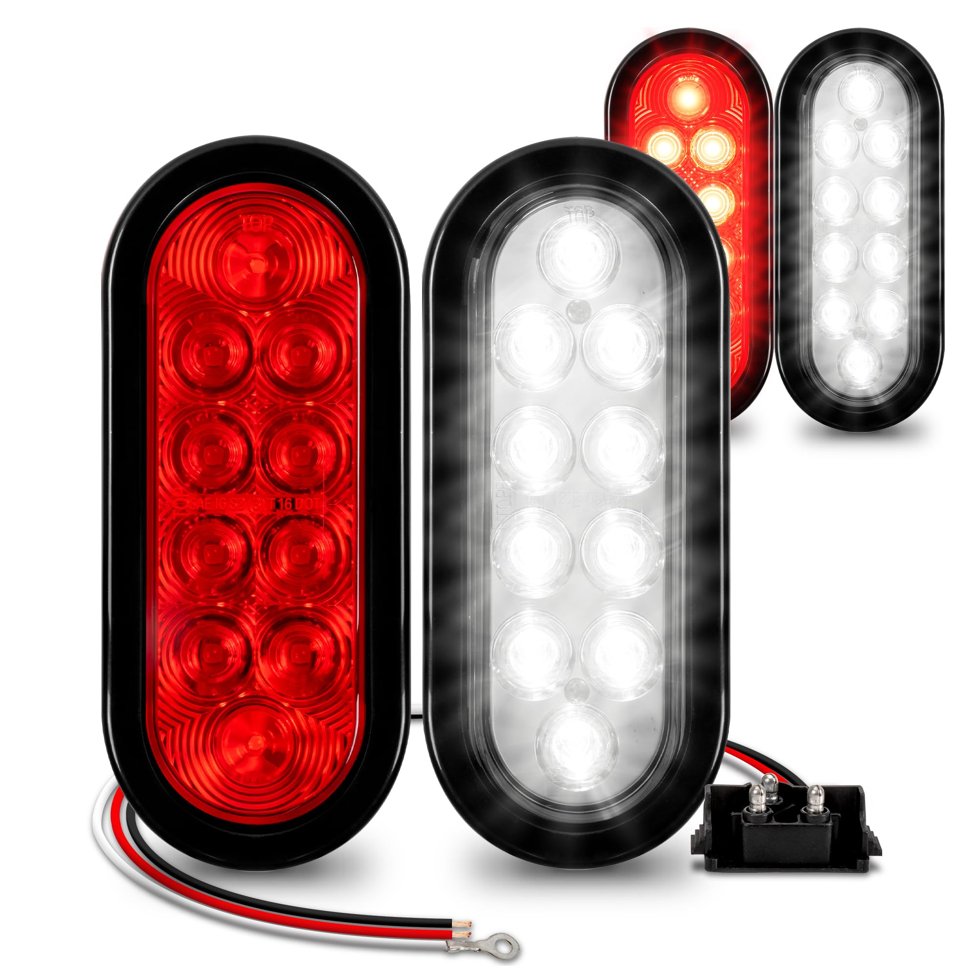 True Mods 2 Red + 2 White 6'' Oval Led Trailer Tail Light Kit [Dot Fmvss 108] [Grommets & Plugs] [Ip67 Waterproof] [Stop Brake T