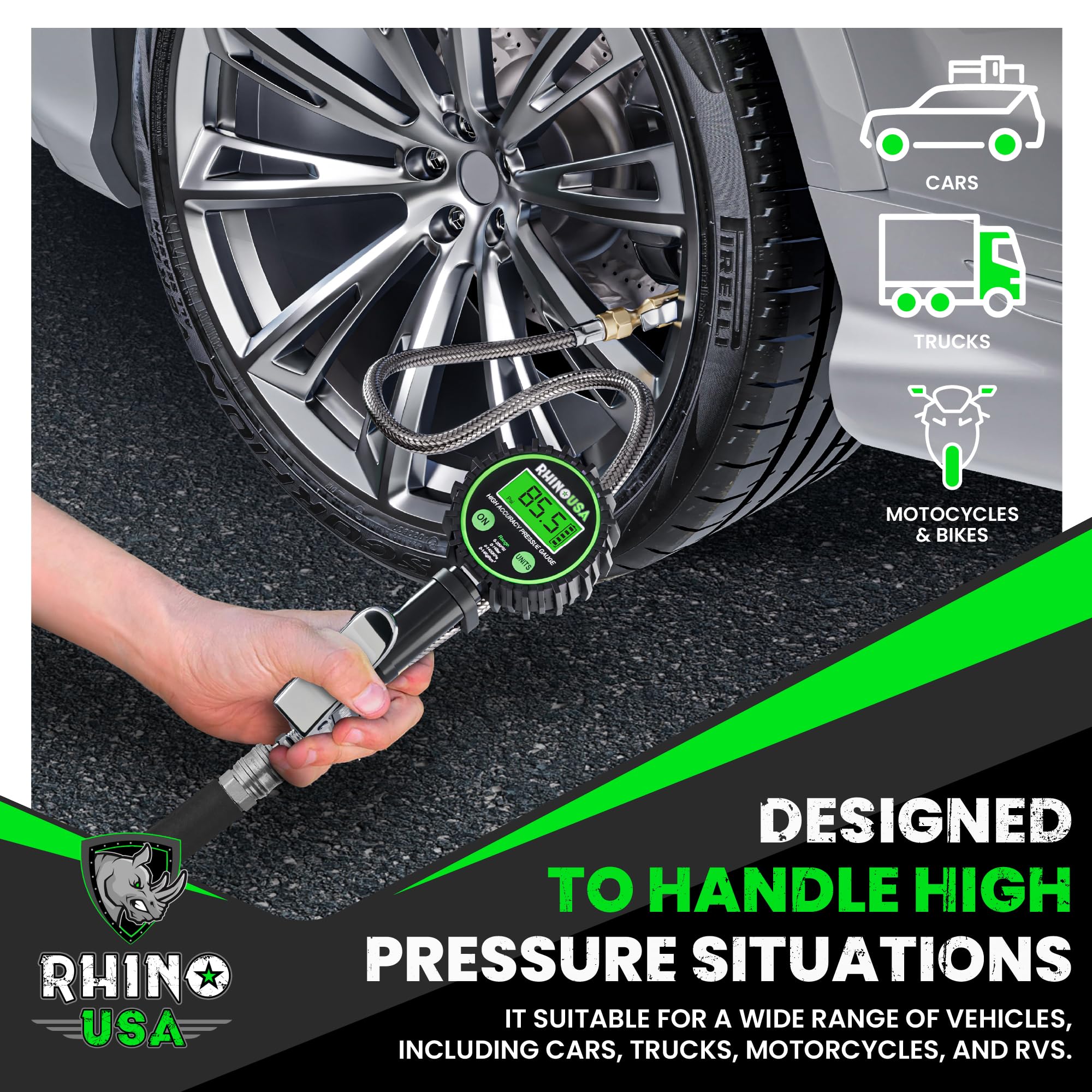 Rhino USA Digital Tire Inflator with Pressure Gauge (0-200 PSI) - ANSI B40.7 Accurate, Large 2' Easy Read Glow Dial, Premium Braided Hose, Solid Brass Hardware, Best for Any Car, Truck, Motorcycle, RV