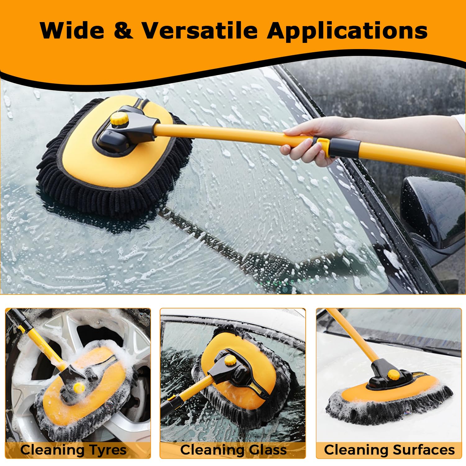 15Curved Car Wash Brush With Long Handle 43'' Extension Pole Rv Truck Microfiber Cleaning Mop Auto Suv Wheel Boat Exterior Inter