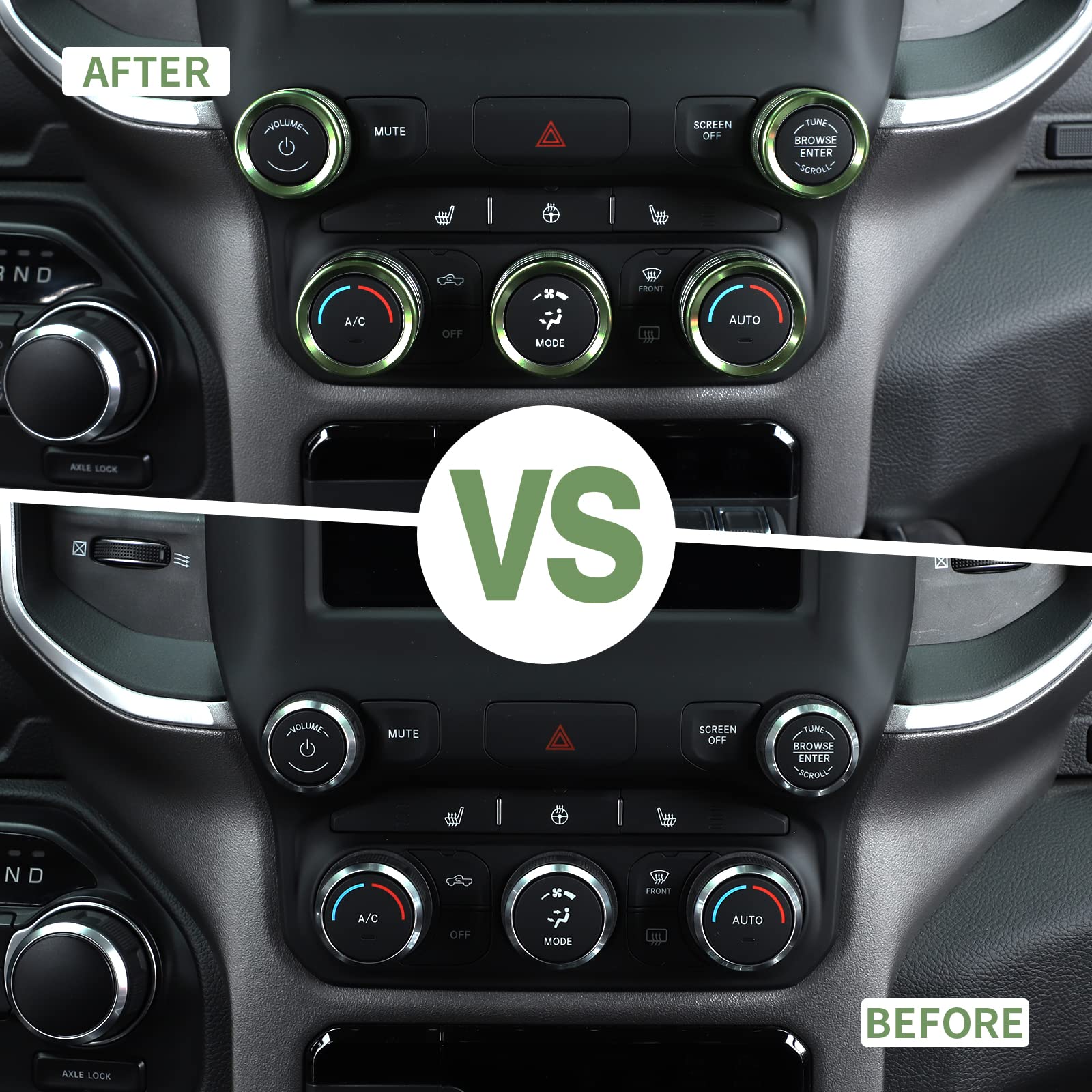 Voodonala for Dodge RAM Aluminum Center Console AC Radio Switch Knob Cover for 2018-2025+ RAM, 5pcs Green