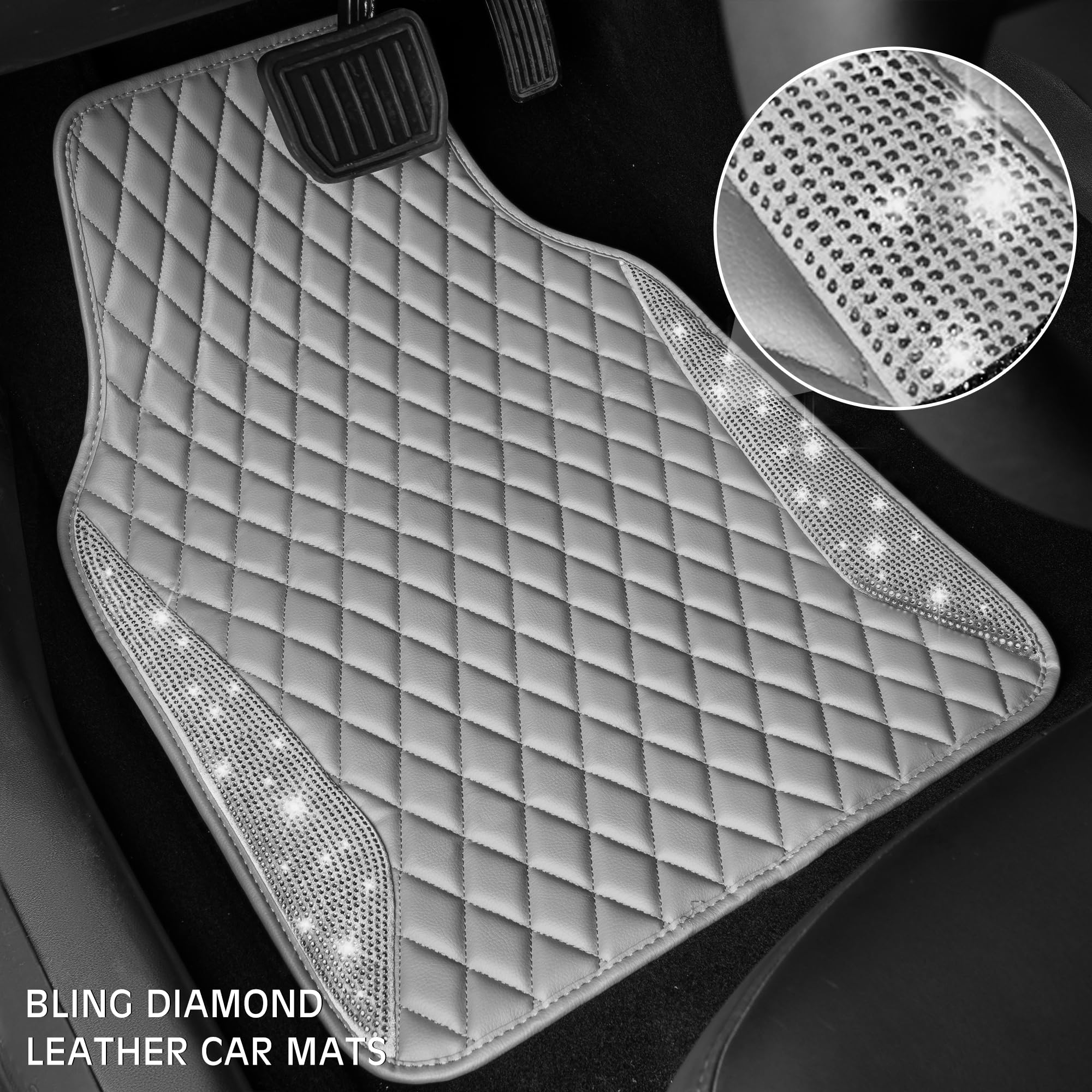 Car Pass Bling Diamond Car Mats Gray Leather Floor Mats Sparkly Glitter Crystal Shining Rhinestone Carpet Anti-Slip Waterproof P