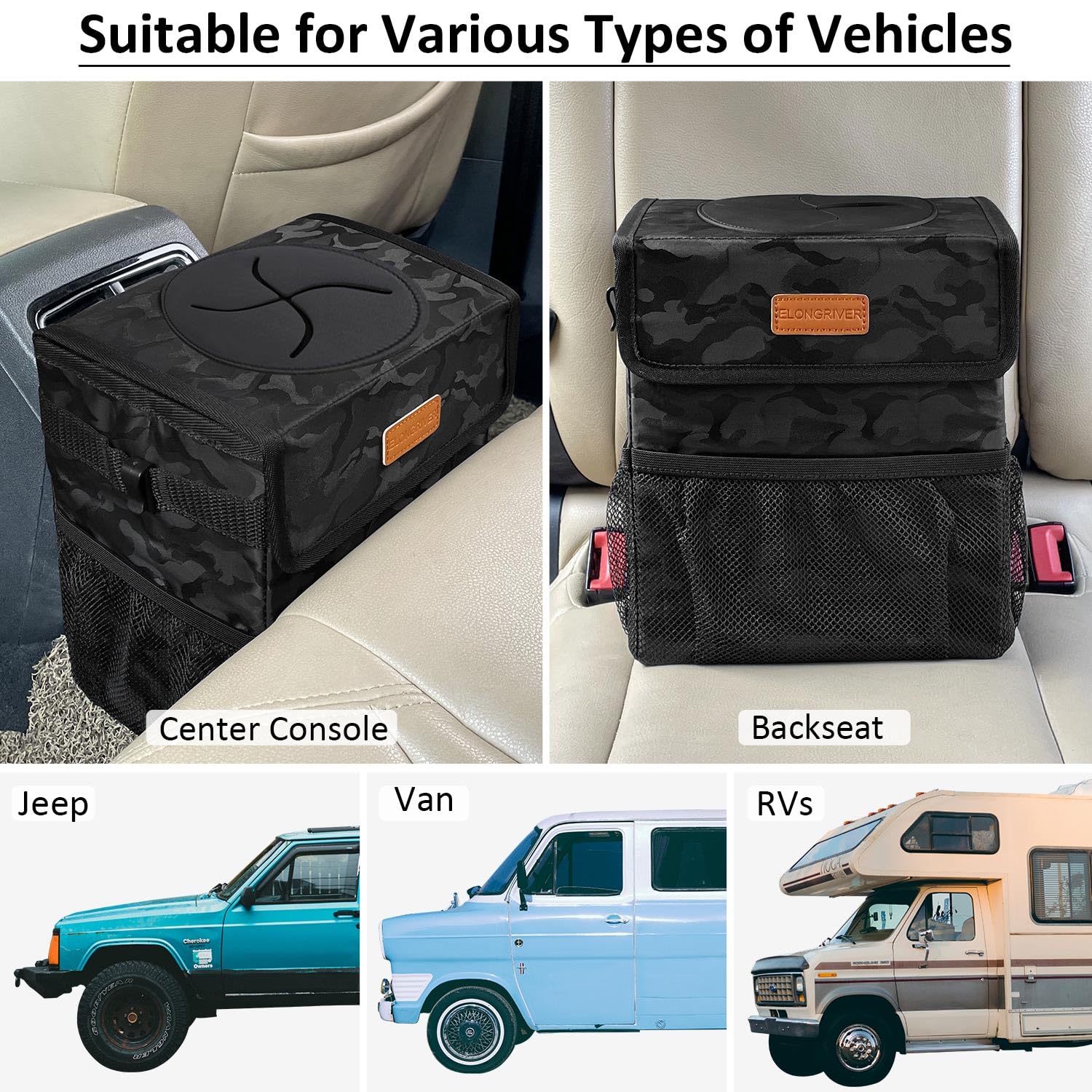 Elongriver Car Trash Can For Car With Lid, Car Organizer Can Trash Bag Hanging Leak Proof Vehicle Trash Can Camo Black