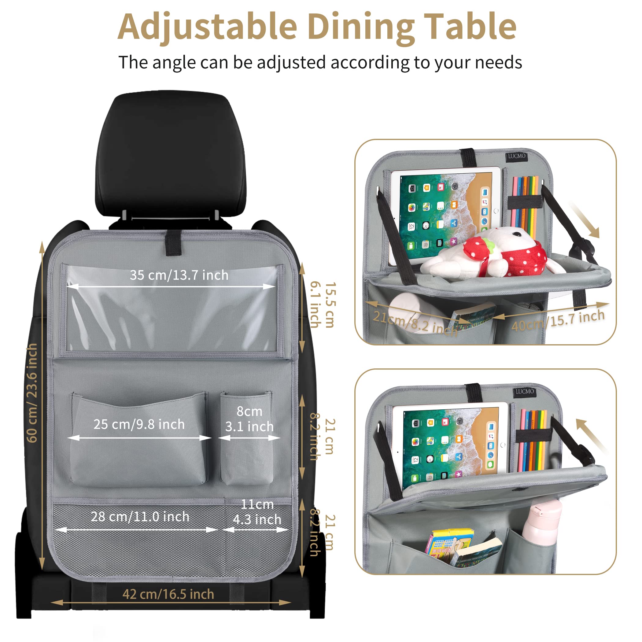 LUCMO Car Backseat Organizer with Tablet Holder-2 Pcs,6 Storage Pockets Car Storage Organizer with Foldable Food Tray Protectors