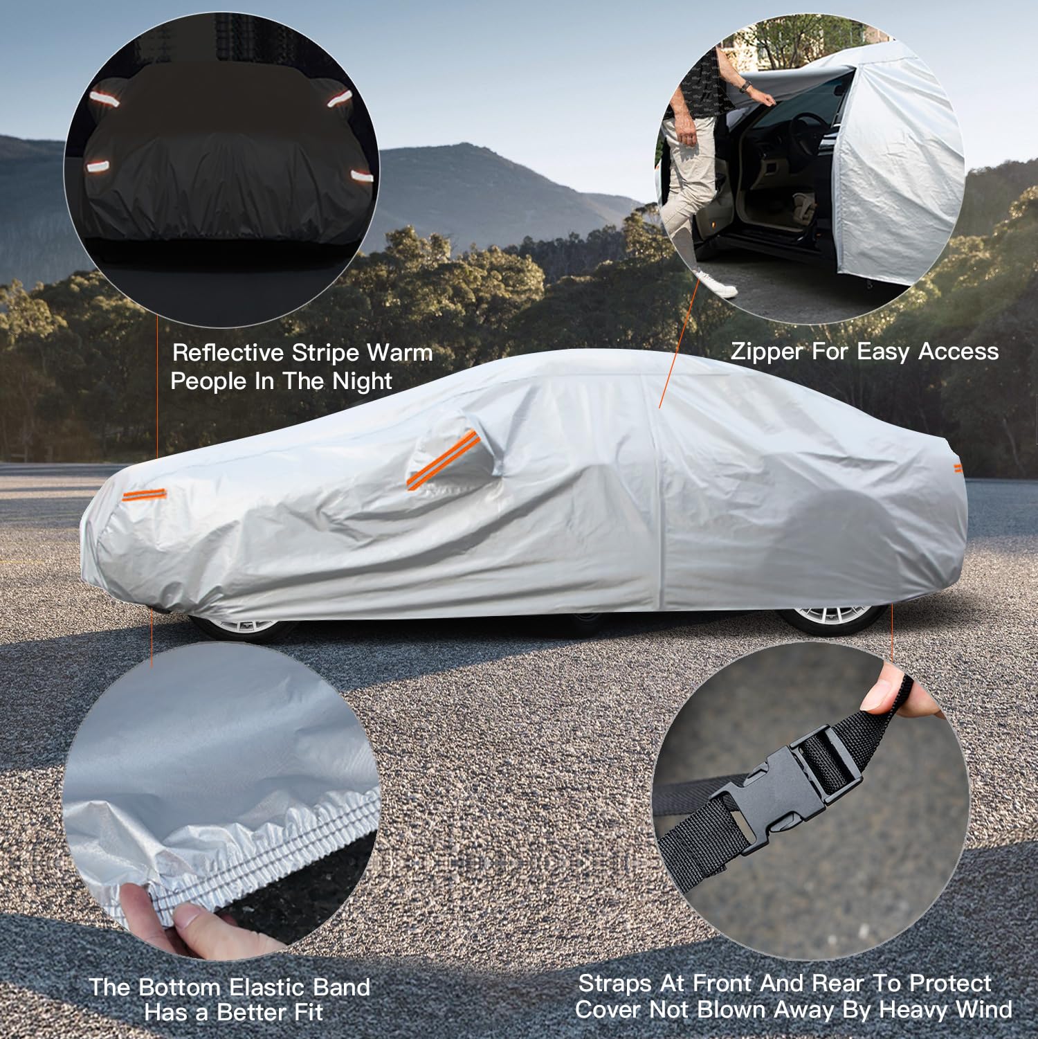 Kayme 6 Layers Car Cover Waterproof All Weather for Automobiles, Outdoor Full Cover Rain Sun UV Protection with Zipper Cotton, U