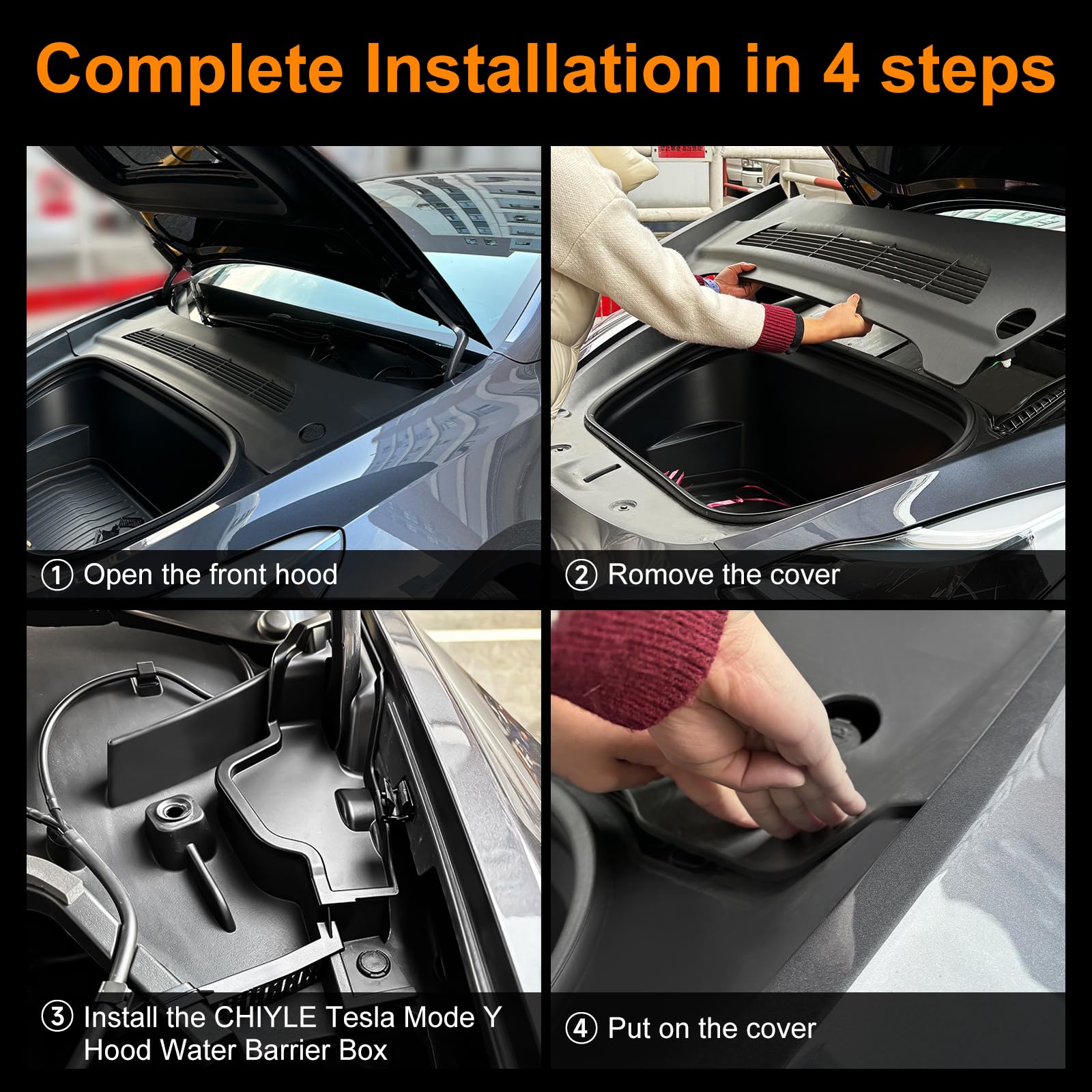 CHIYLE Tesla Model Y Hood Water Barrier Box,Water Guide Grille Channel for Front Trunk 2021 2022 2023 2024 Model Y Accessories,E