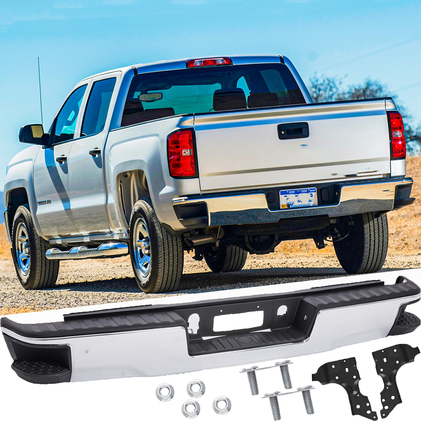 Rear Steel Step Bumper Assembly for 2014-2018 Chevy Silverado 1500 & GMC Sierra 1500 Pickup Truck without Park Sensor Holes Chro