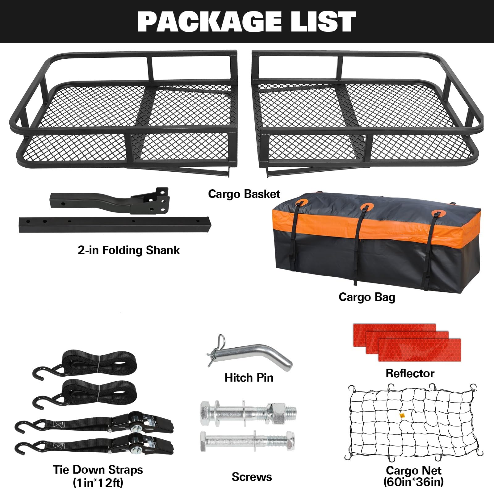 Weize Folding Hitch Mount Cargo Carrier Basket 60 X 20 X 6 With Waterproof Bag, Net, Strap, 2-Inch Folding Shank, 500 Lbs Capacity Hitch Rack, Steel Construction