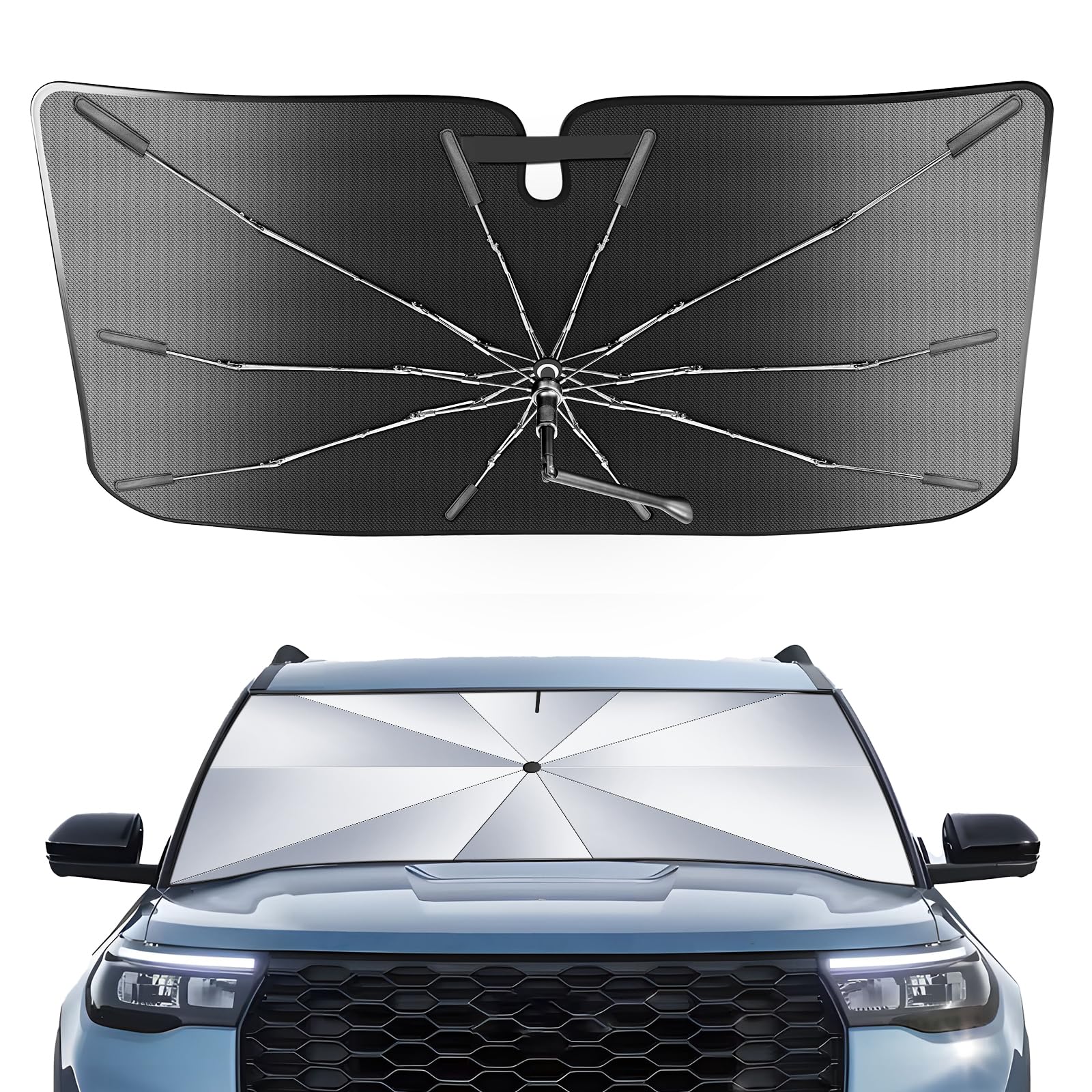 Portable Ford Explorer 2020-2024 2025 Windshield Sunshade Umbrella with Bag, 2 in1 Ice Crystal Durable Compact Shade Umbrella UP