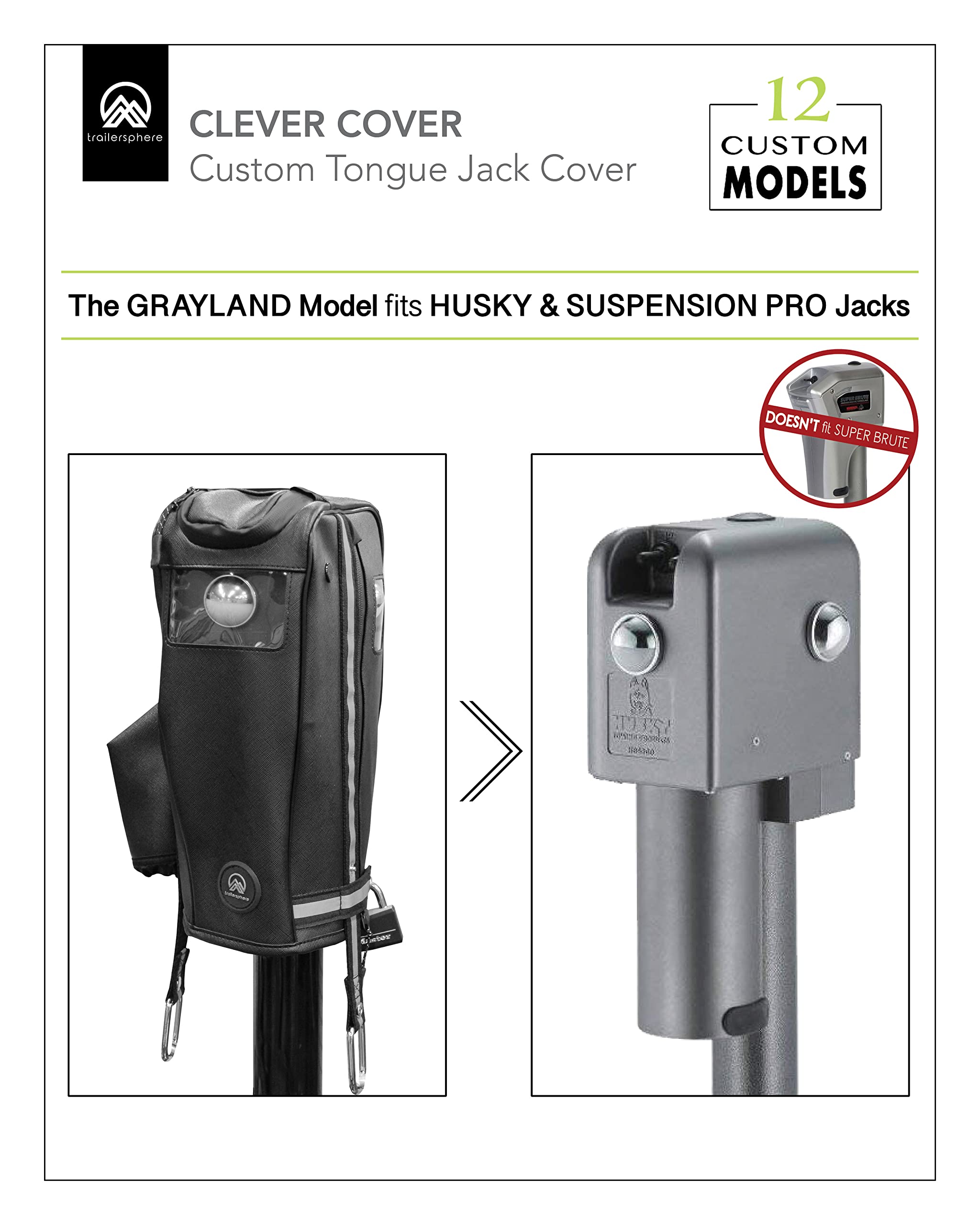 Clever Cover For Husky/Suspension Pro Jacks By Trailersphere Custom Electric Tongue Jack Cover For Trailer, Rv, Camper, Chains Holder,Plug Protector,Waterproof (Husky Brute/Suspension Pro Jacks Cover)