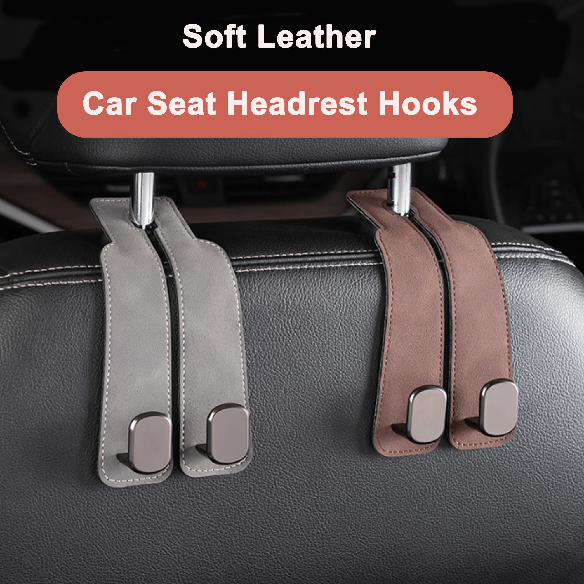 Amelity Leather Car Hooks, Car Back Seat Headrest Hooks, Car Headrest Hooks For Purses And Bags, Bag Hooks For Car Back Seats (B