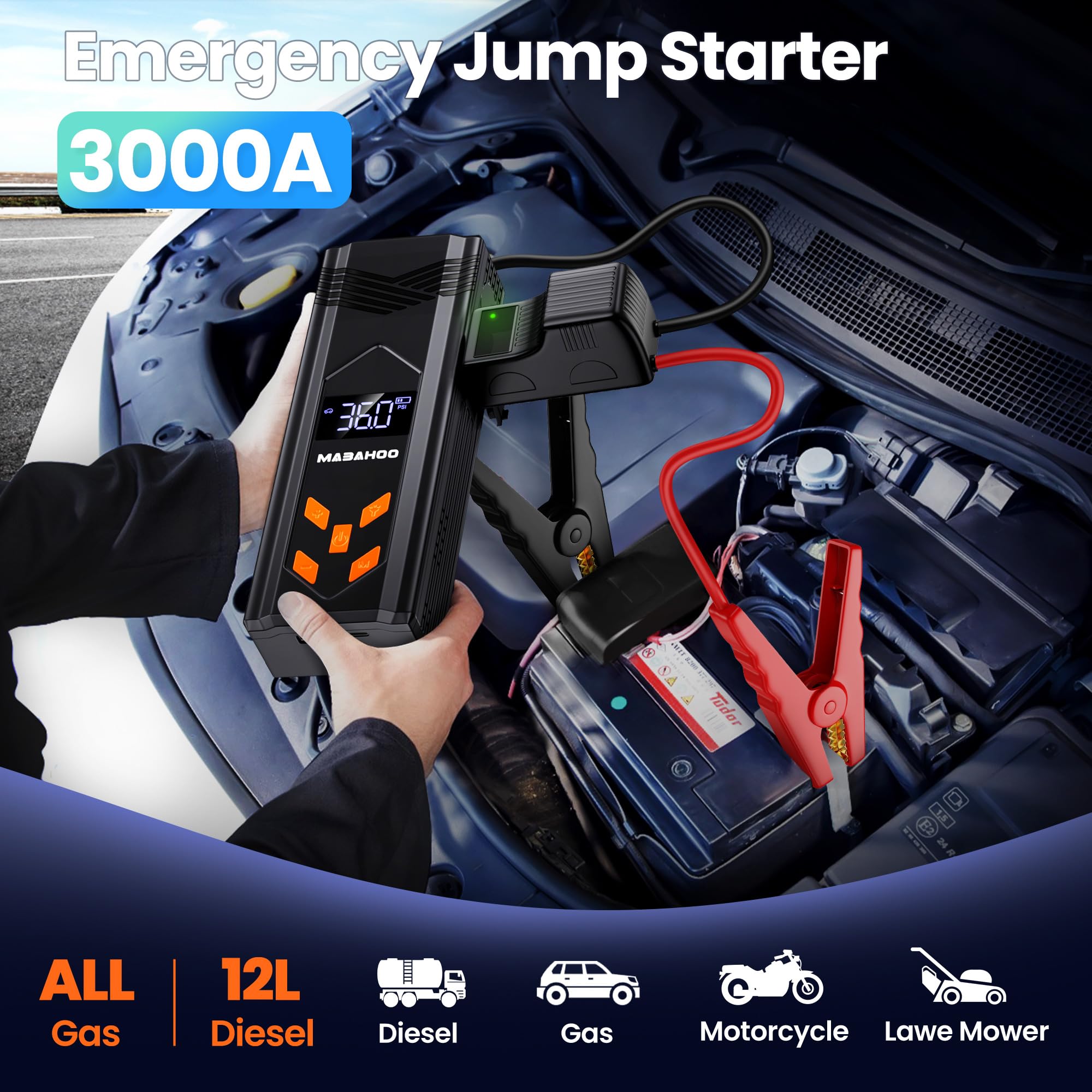 Mabahoo Jump Starter with Air Compressor, 3000A Battery Pack, 150PSI Inflator, LCD Display, Black, Model YD06